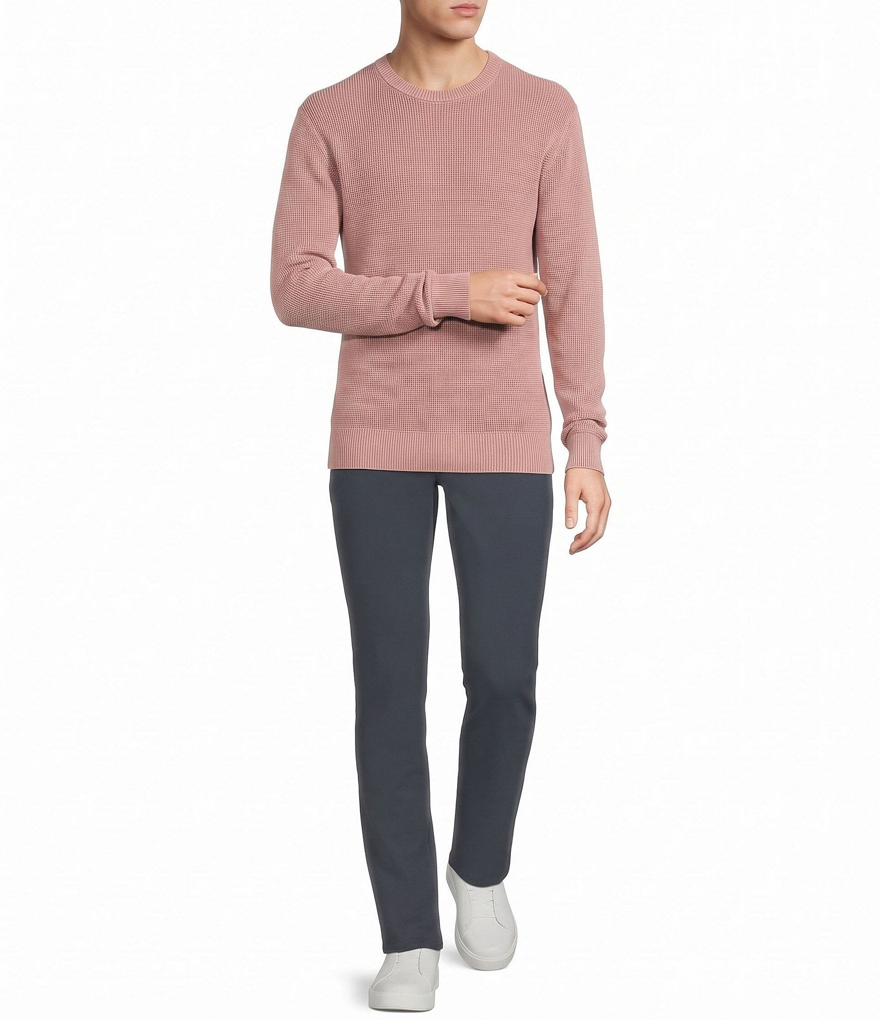 Rowm Long Sleeve solid Garment Dyed Waffle Crew Neck Sweater