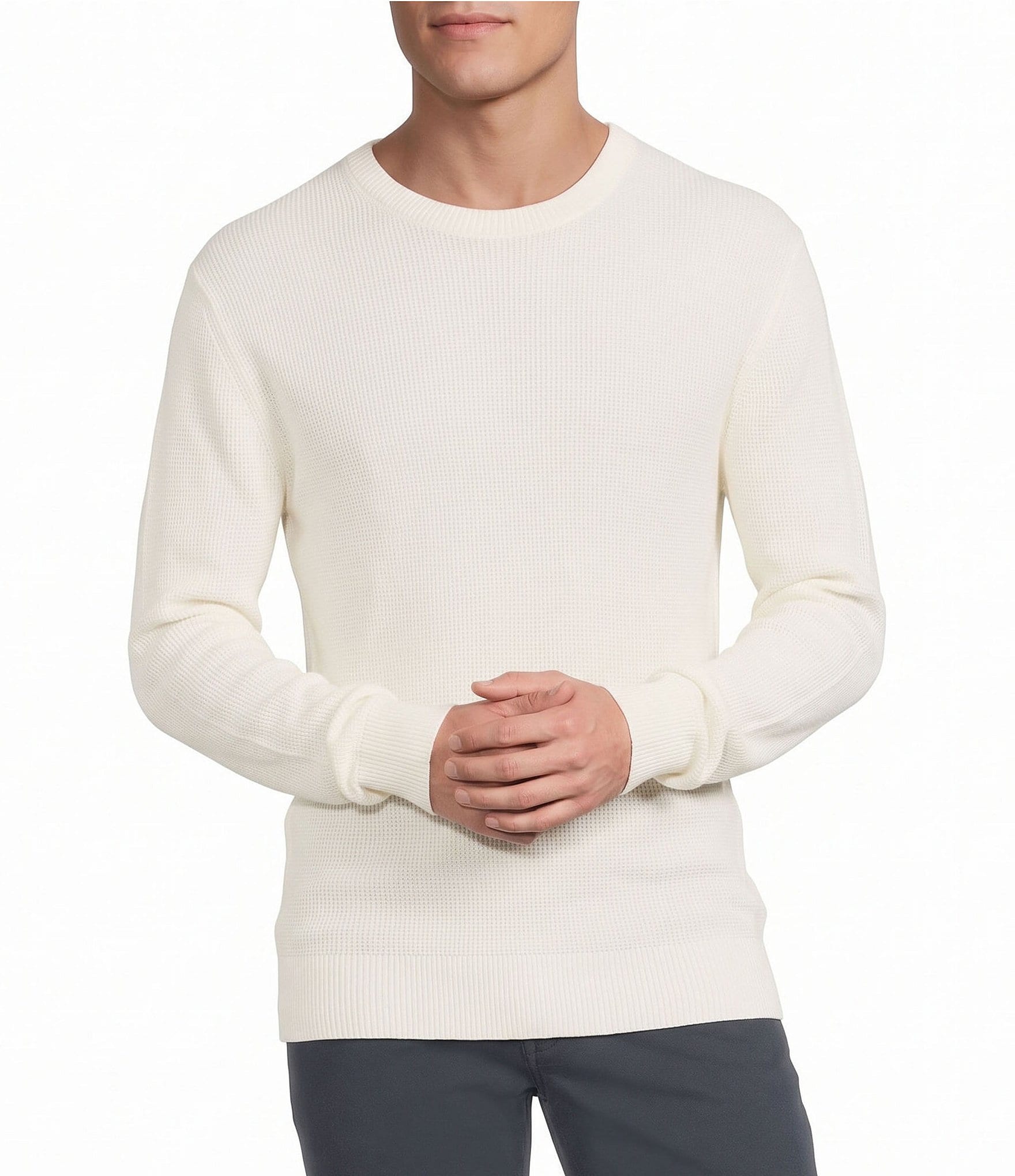 Rowm Long Sleeve solid Garment Dyed Waffle Crew Neck Sweater