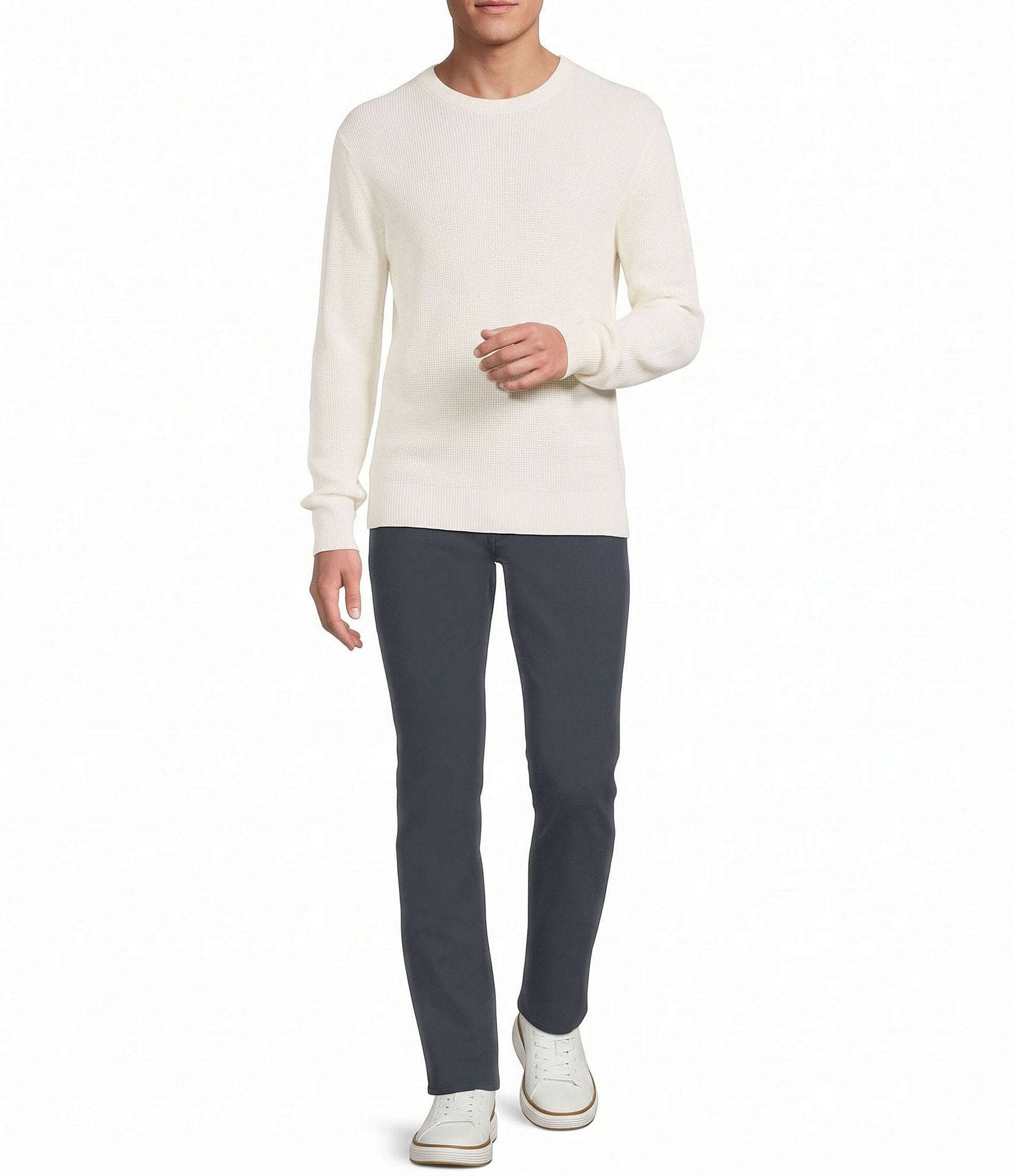 Rowm Long Sleeve solid Garment Dyed Waffle Crew Neck Sweater