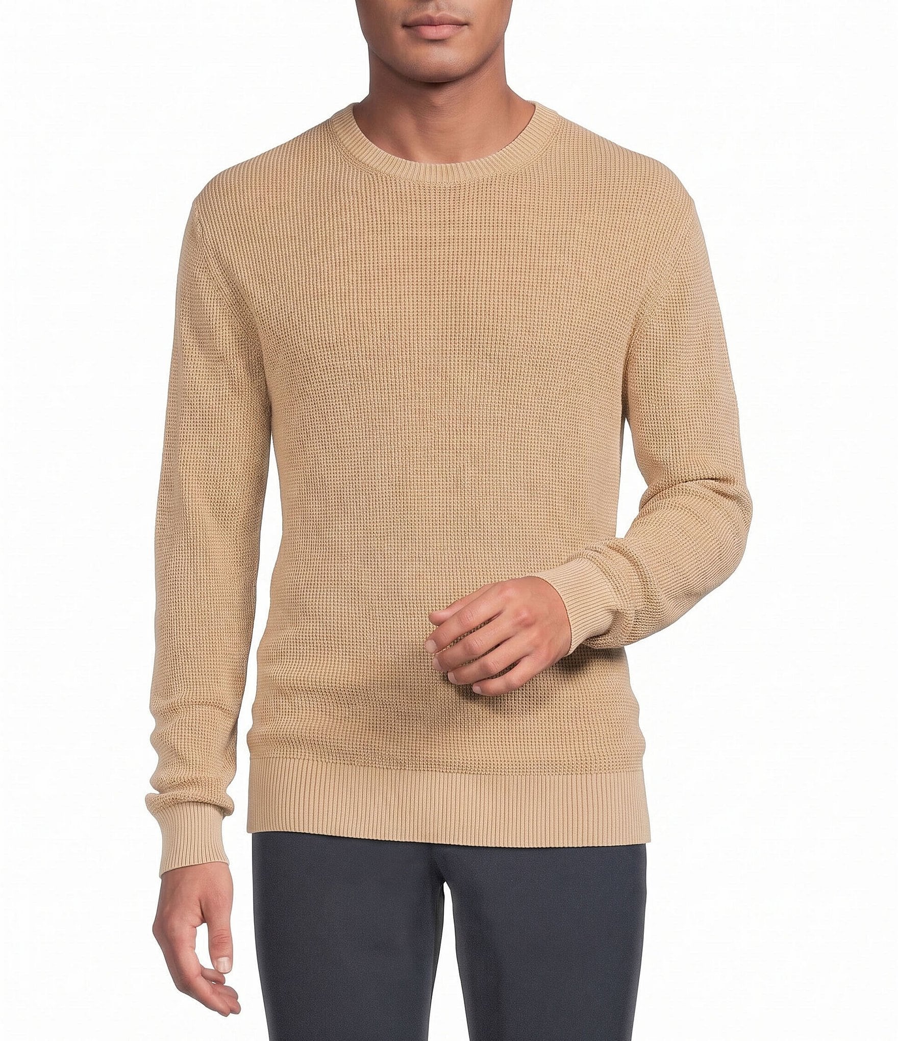 Rowm Long Sleeve solid Garment Dyed Waffle Crew Neck Sweater