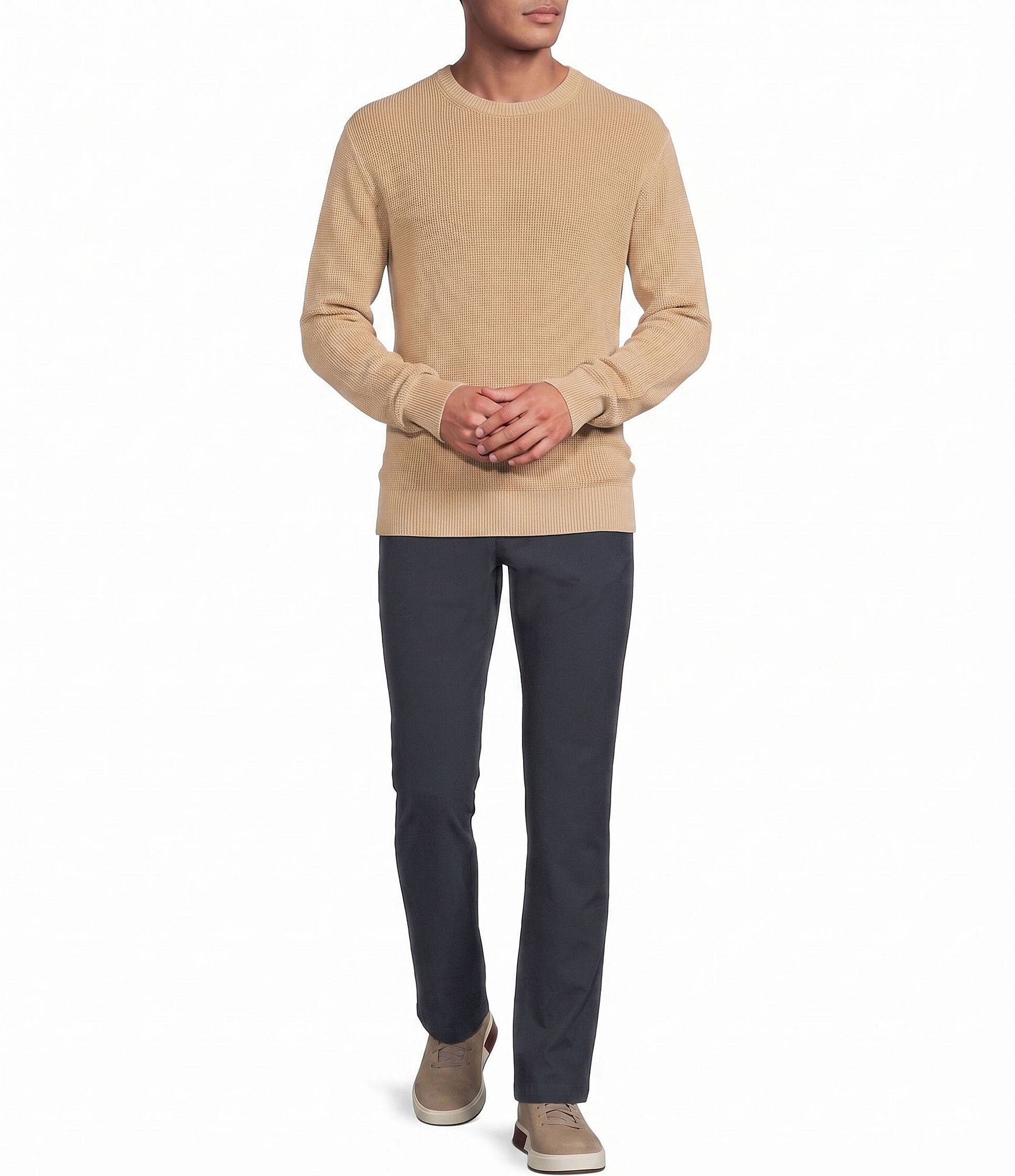 Rowm Long Sleeve solid Garment Dyed Waffle Crew Neck Sweater