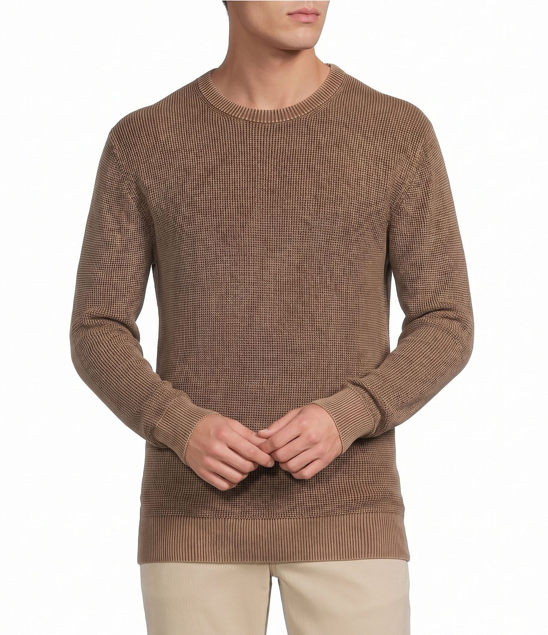 Rowm Long Sleeve solid Garment Dyed Waffle Crew Neck Sweater