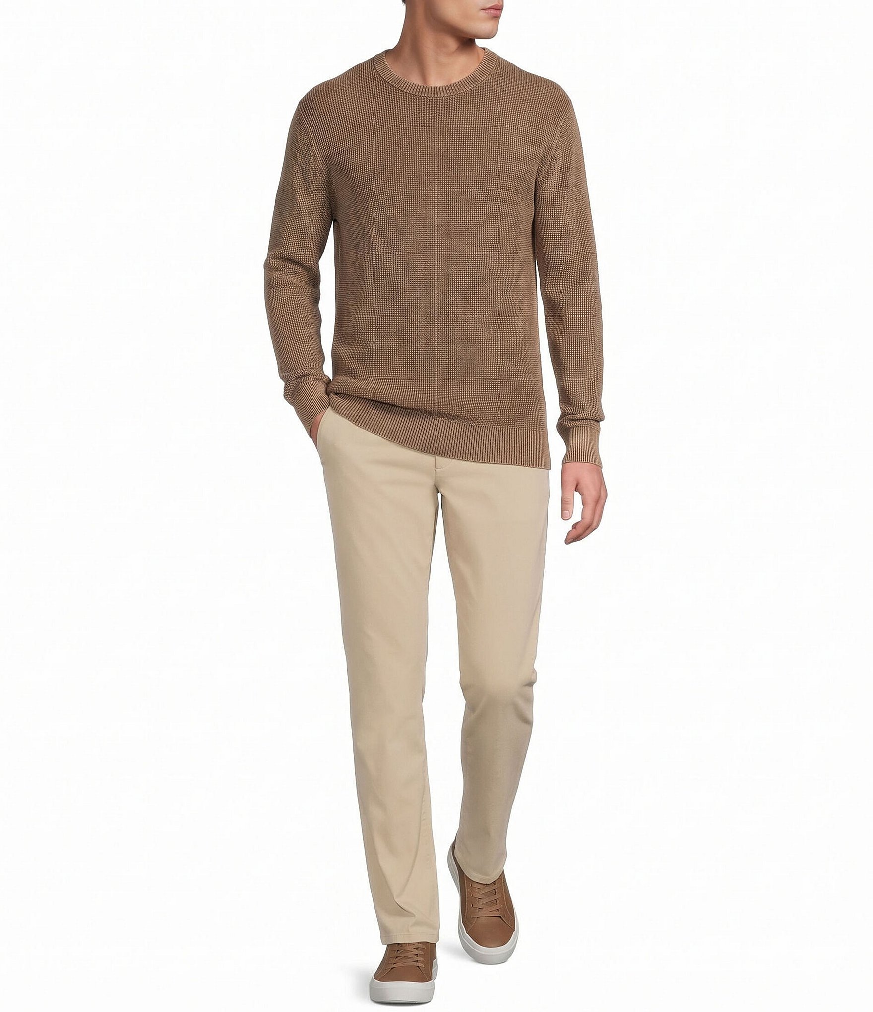 Rowm Long Sleeve solid Garment Dyed Waffle Crew Neck Sweater