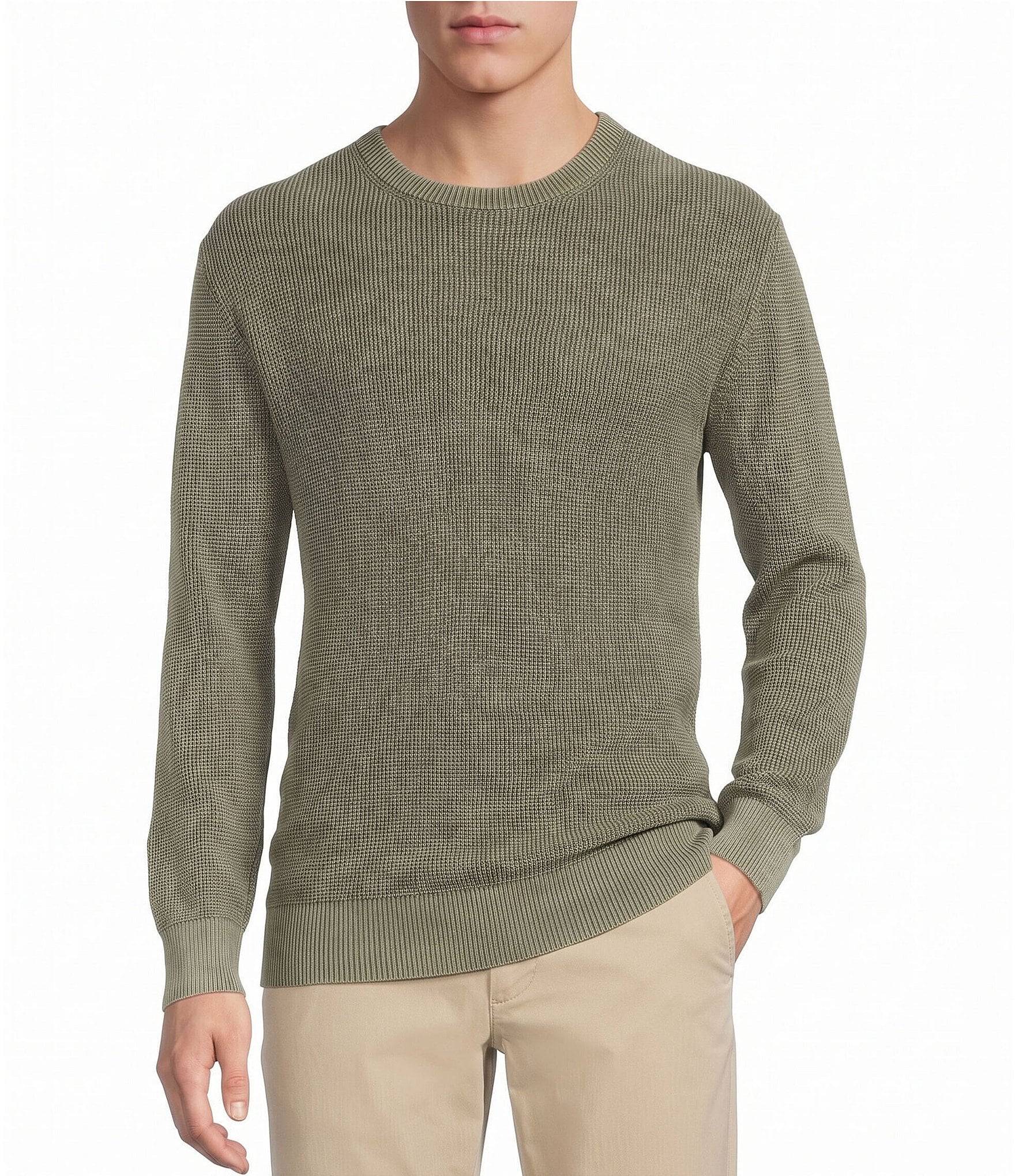 Rowm Long Sleeve solid Garment Dyed Waffle Crew Neck Sweater