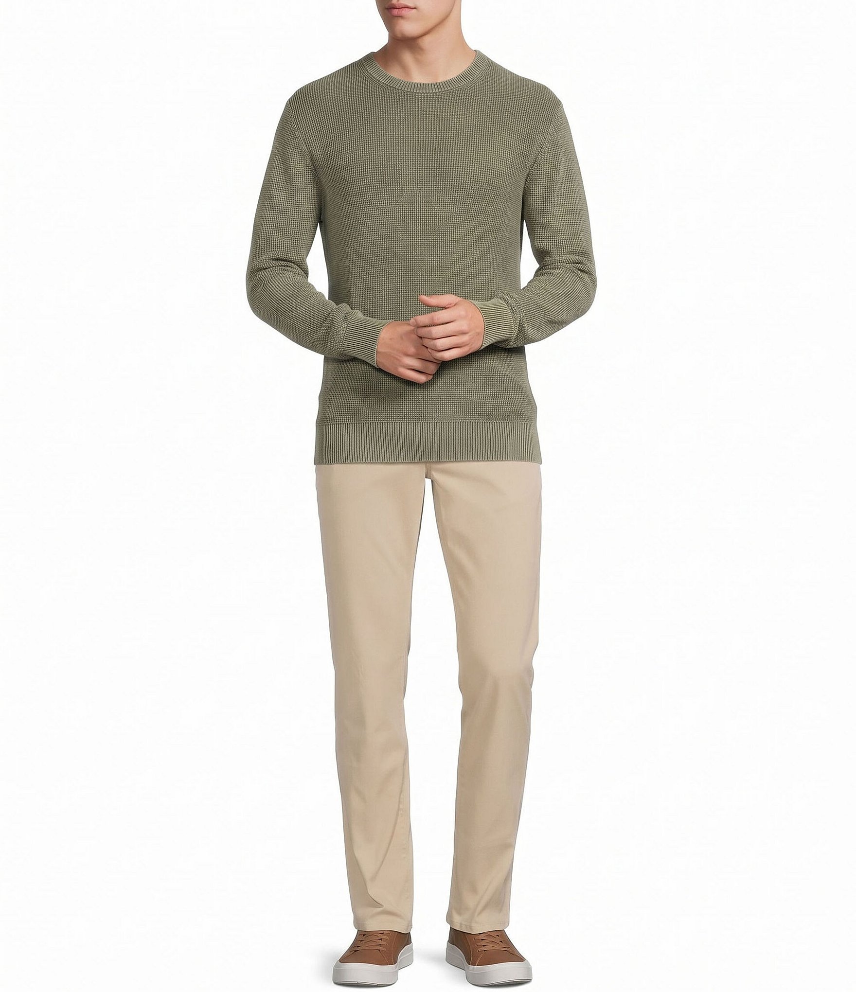 Rowm Long Sleeve solid Garment Dyed Waffle Crew Neck Sweater