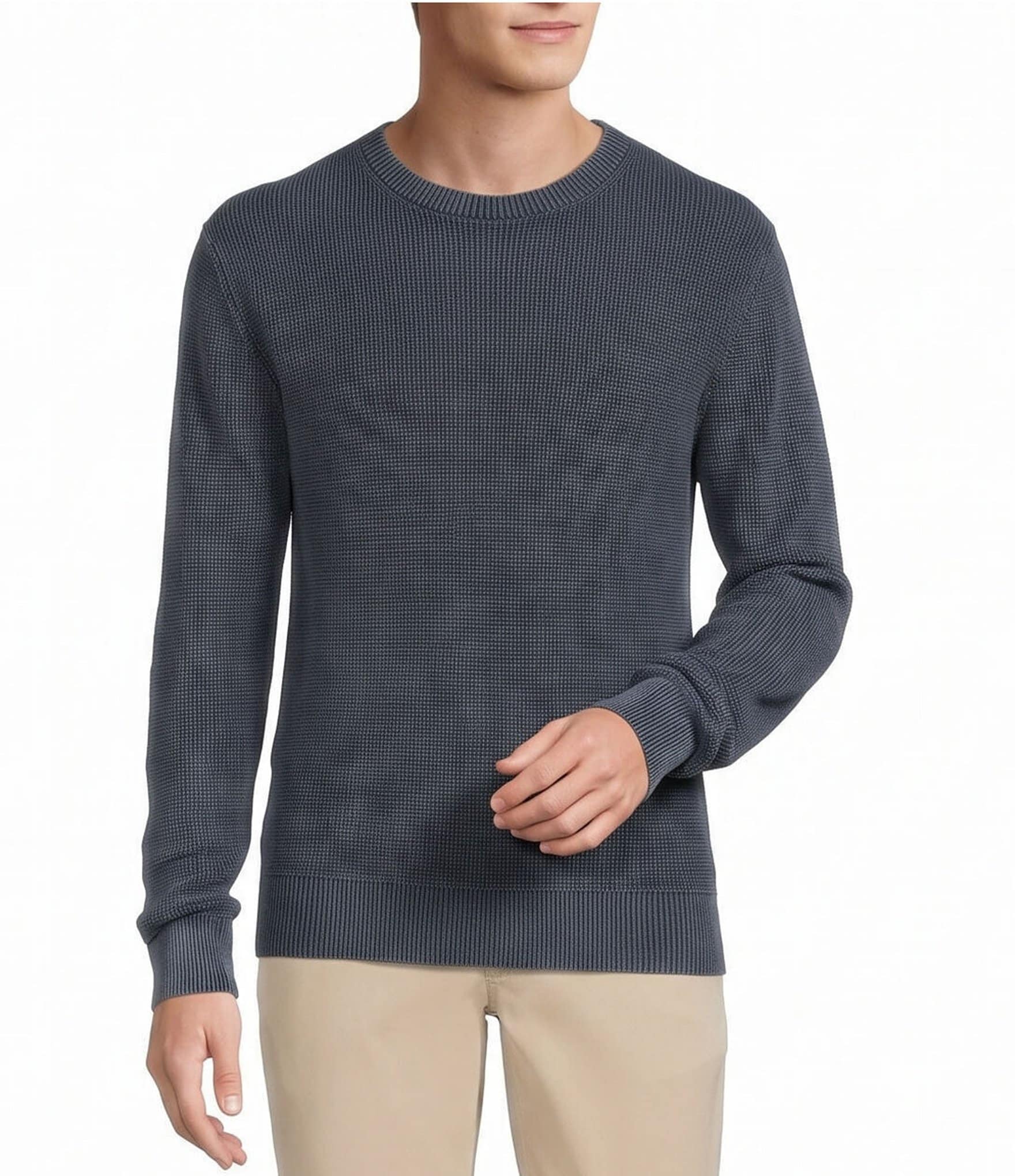Rowm Long Sleeve solid Garment Dyed Waffle Crew Neck Sweater
