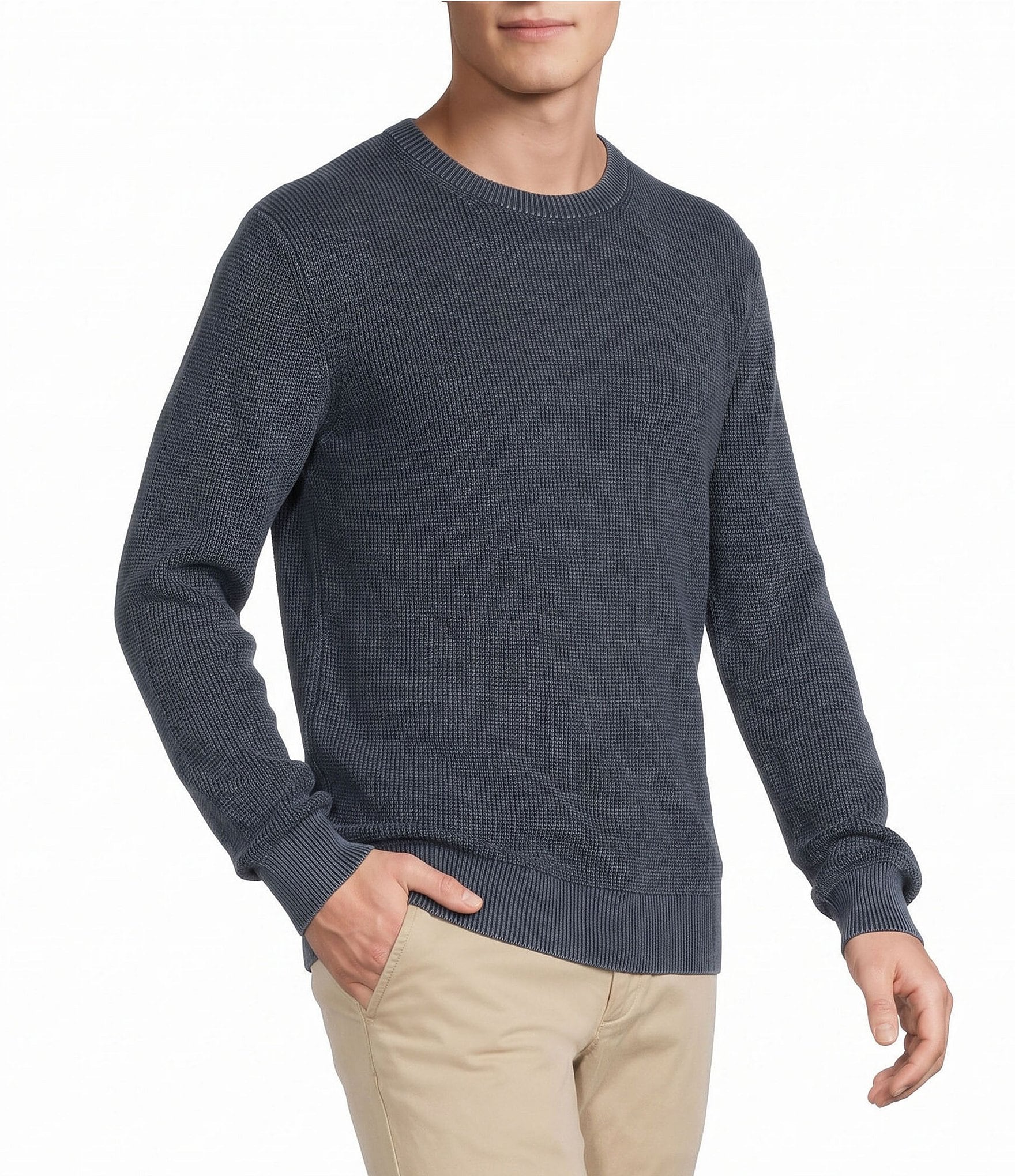 Rowm Long Sleeve solid Garment Dyed Waffle Crew Neck Sweater