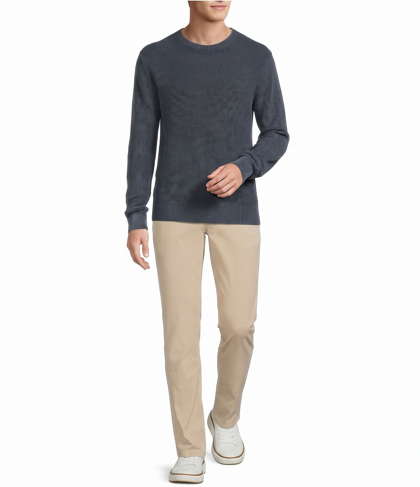 Rowm Long Sleeve solid Garment Dyed Waffle Crew Neck Sweater