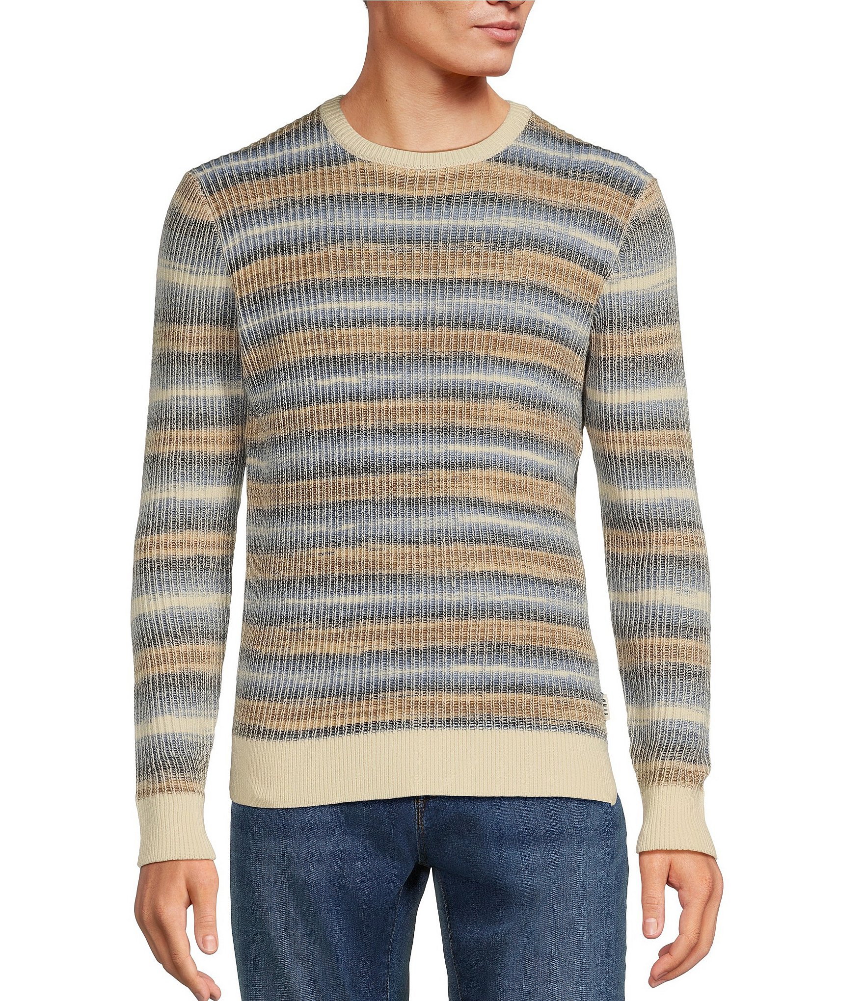 Rowm Long Sleeve Spacedye Plaited Horizontal Stripe Crew Neck Sweater ...