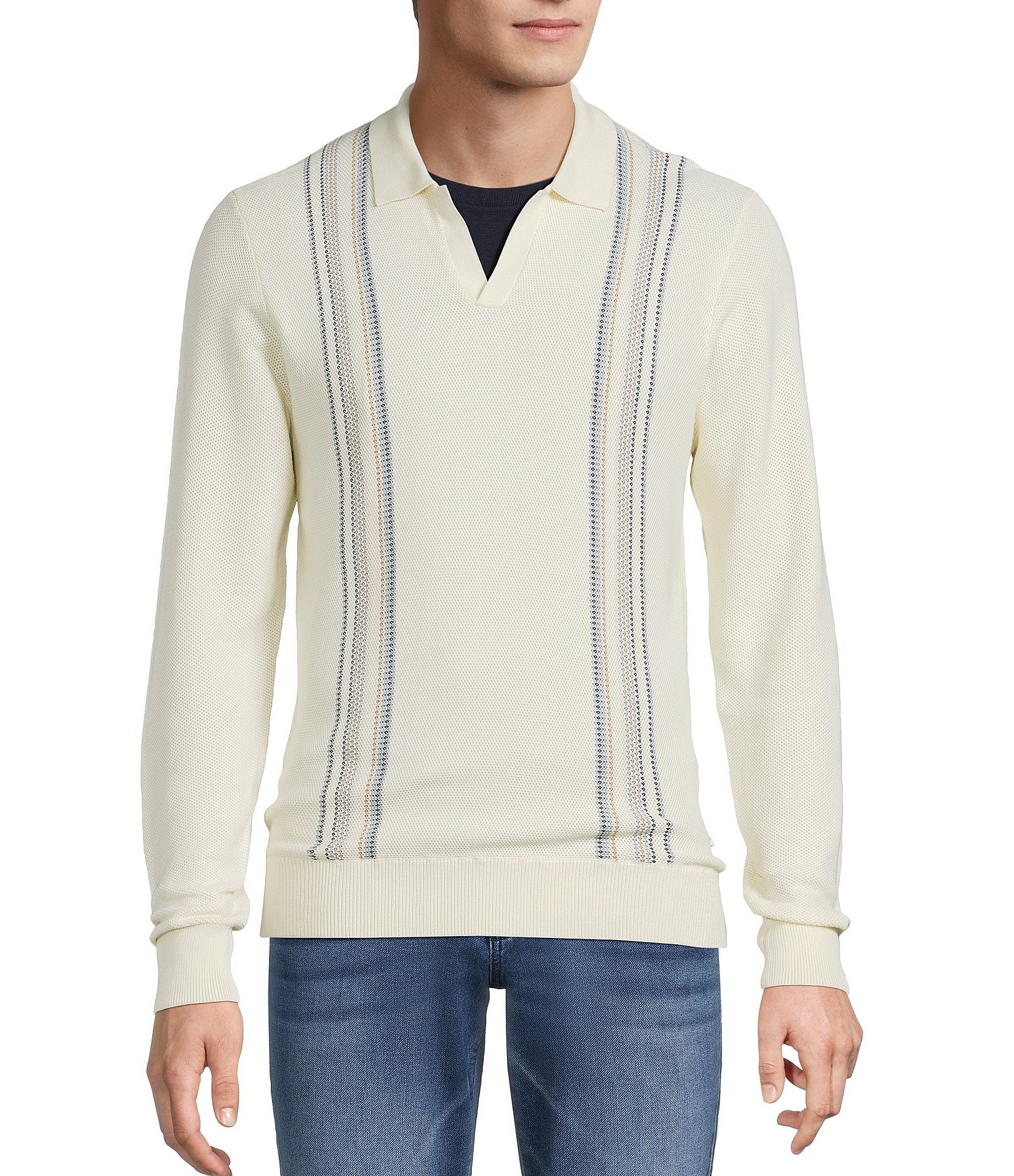 Rowm Long Sleeve Striped Johnny Collar Sweater
