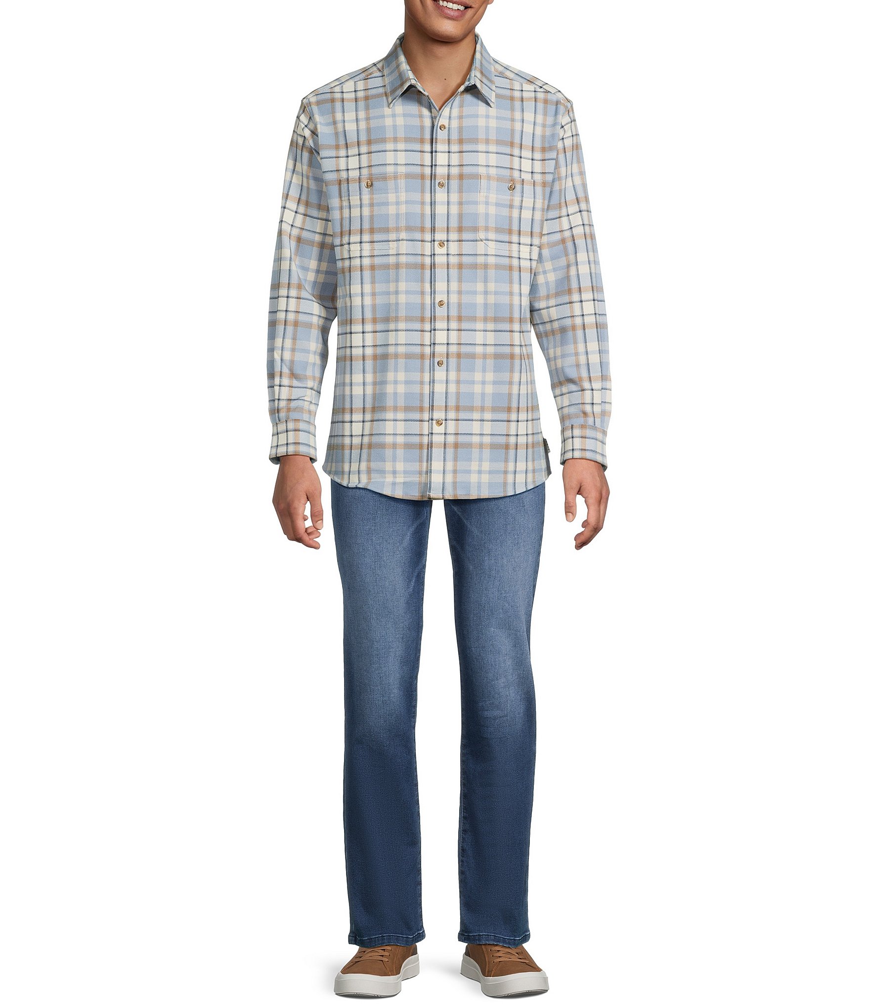 Rowm Long Sleeve Textured Medium Plaid Slub Shirt