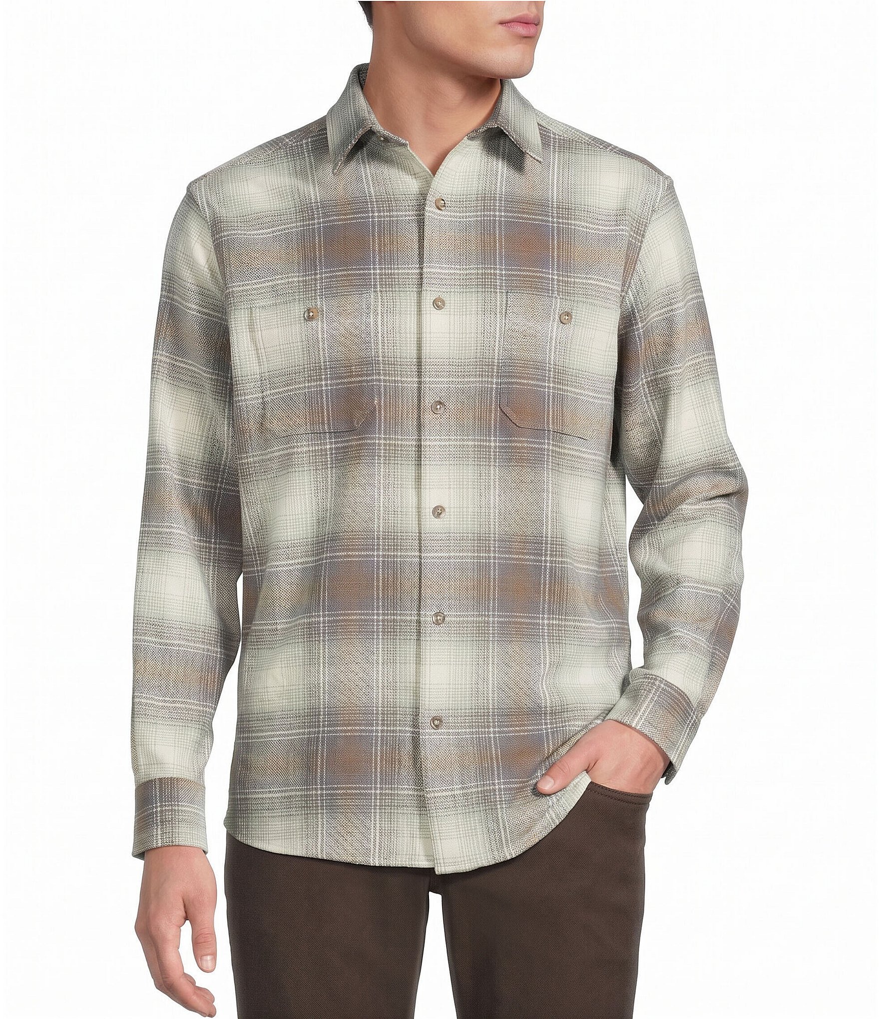 Rowm Long Sleeve Textured Ombre Plaid Shirt