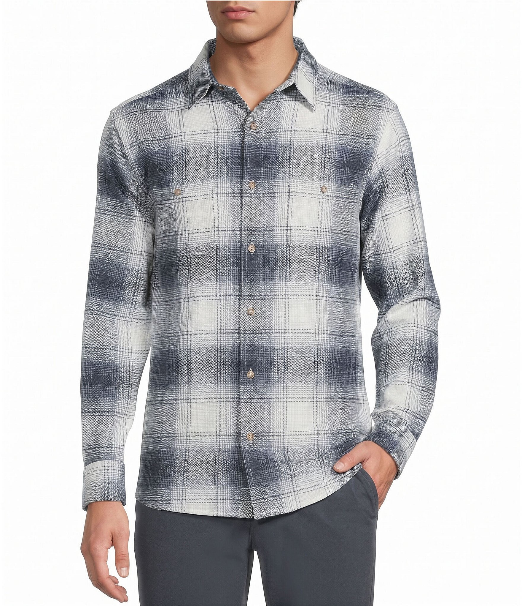 Rowm Long Sleeve Textured Ombre Plaid Shirt
