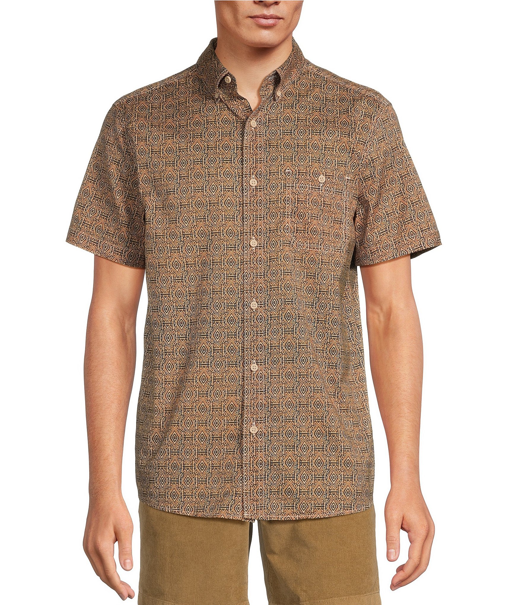 Rowm On The Range Short Sleeve Stretch Poplin Geometric Diamond Print Shirt