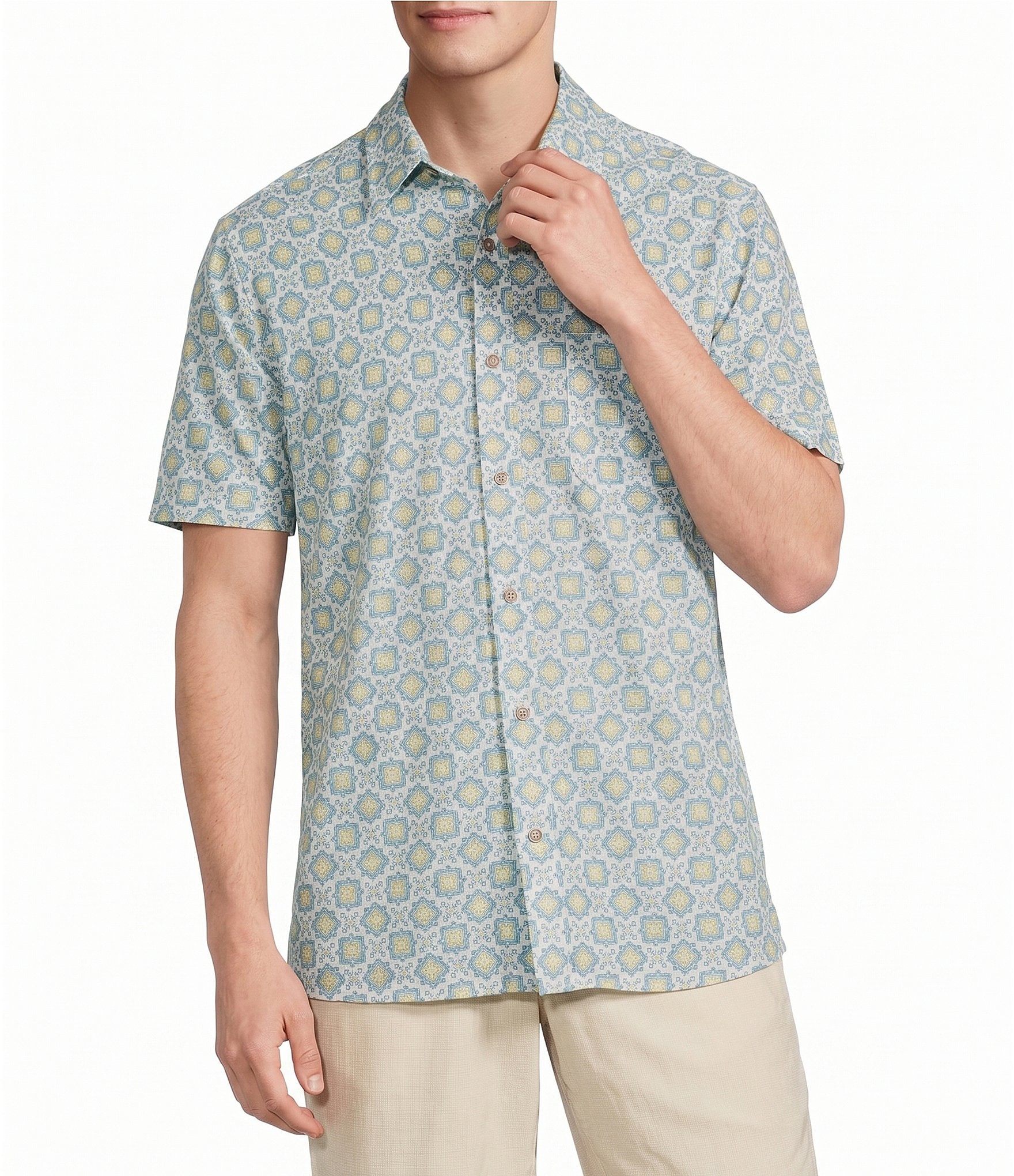 Rowm Performance Rec + Relax Short Sleeve Tile Print Textured Shirt