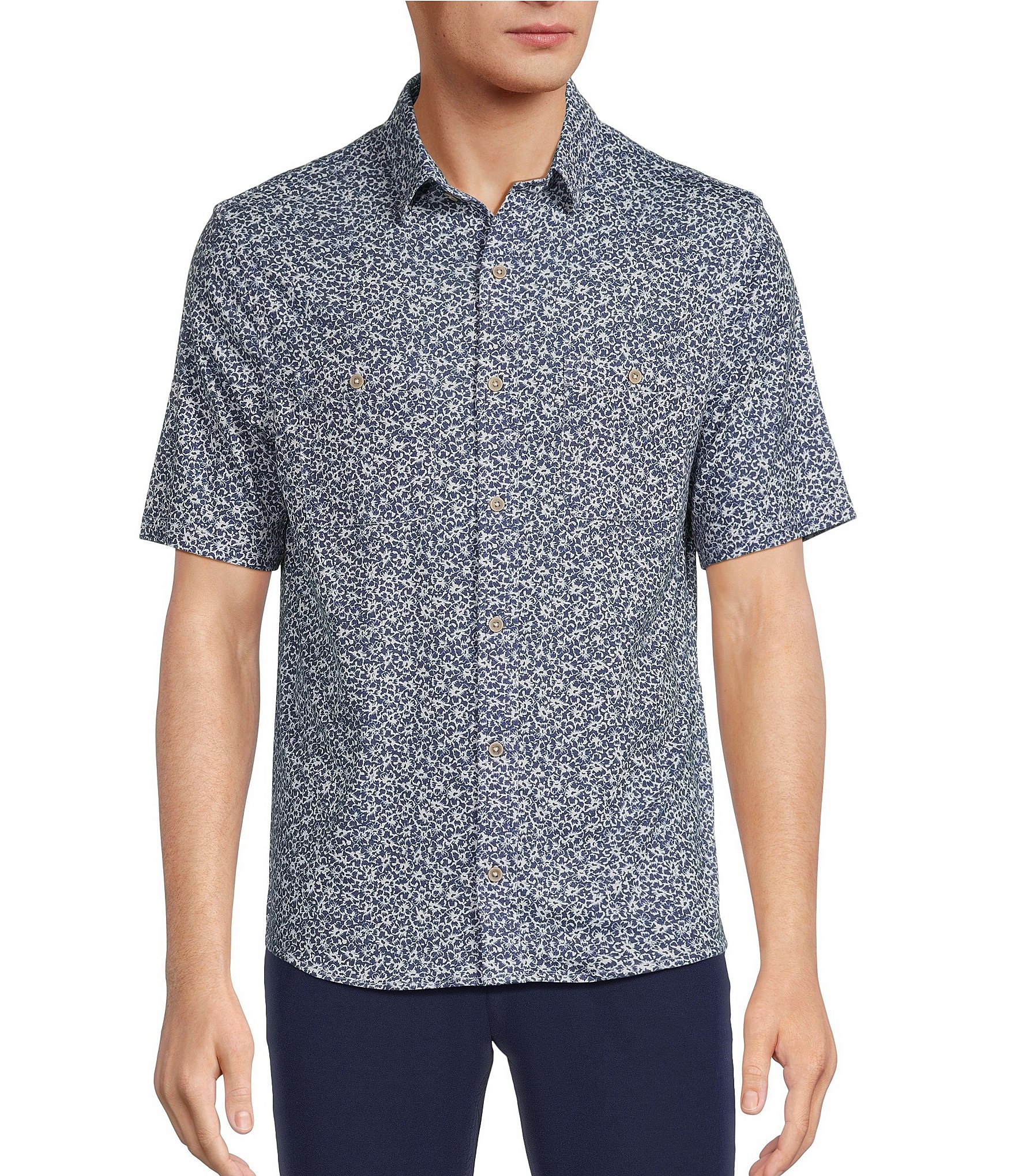 Rowm Rec & Relax Short Sleeve Mini Floral Coat Front Shirt | Dillard's