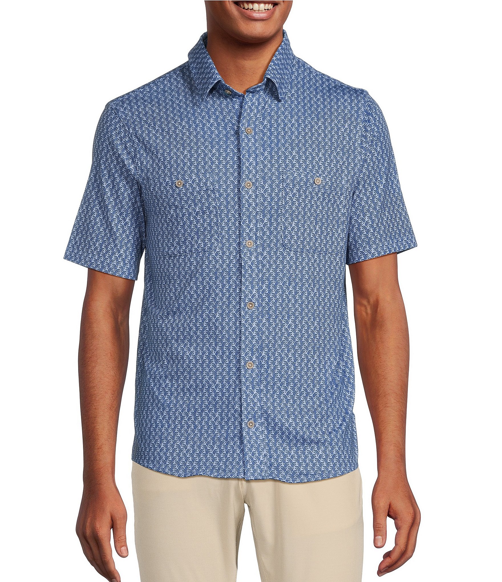 Rowm Rec & Relax Short Sleeve Mini Wave Print Coat Front Shirt | Dillard's