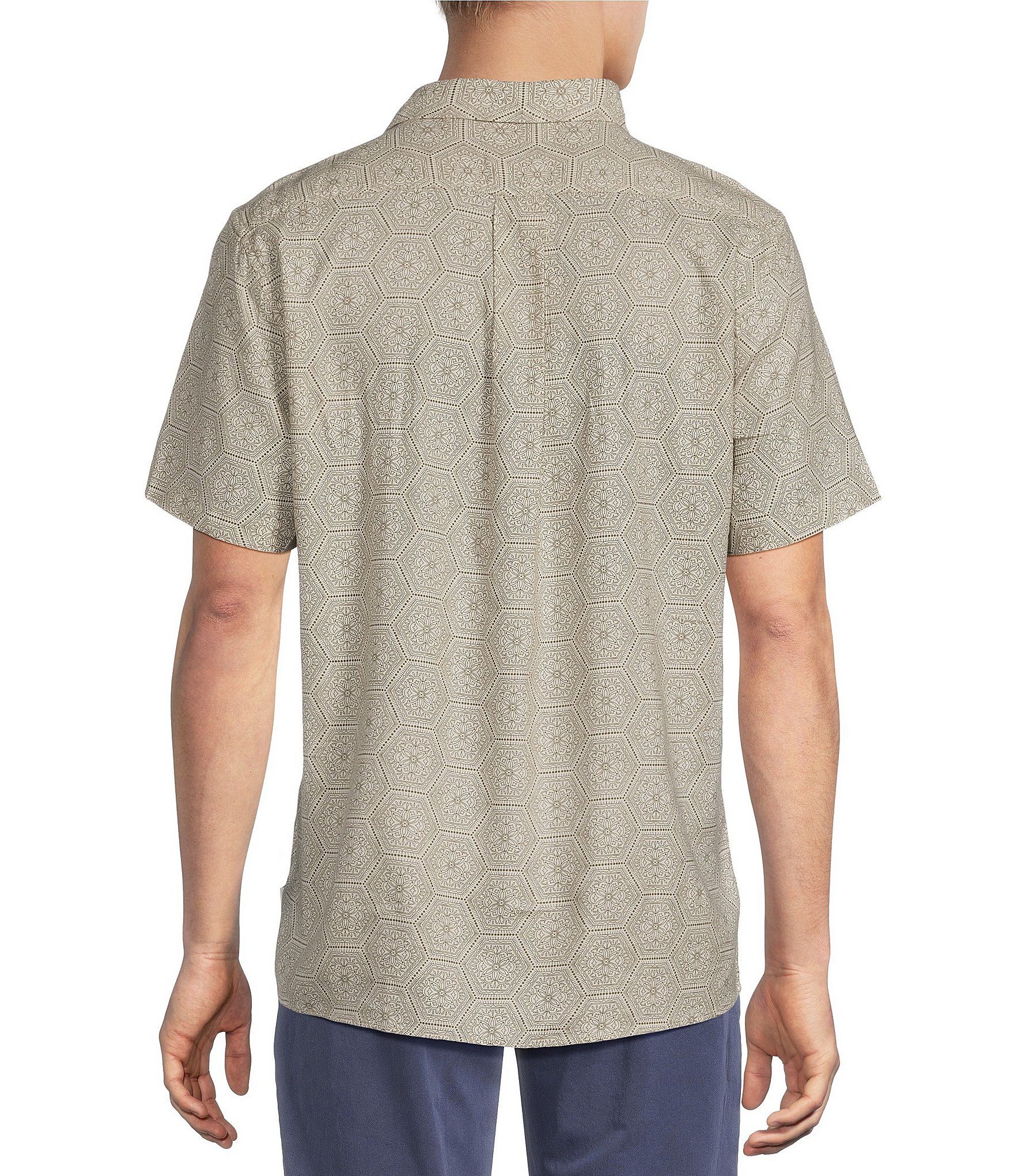 Rowm Short Sleeve Hemp Tile Print Point Collar Button Front Shirt