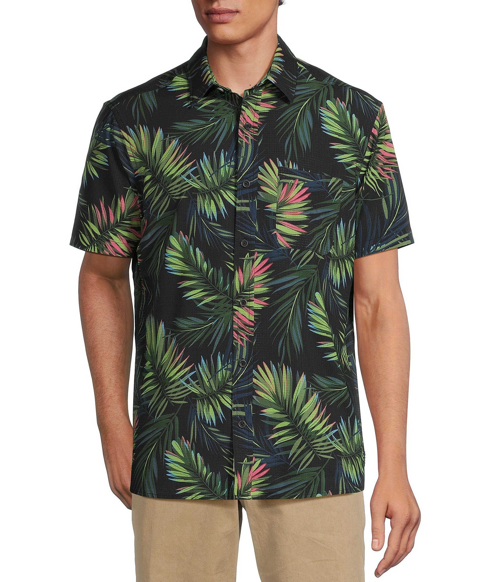 Rowm Short Sleeve Mesh Tropical Palm Print Shirt