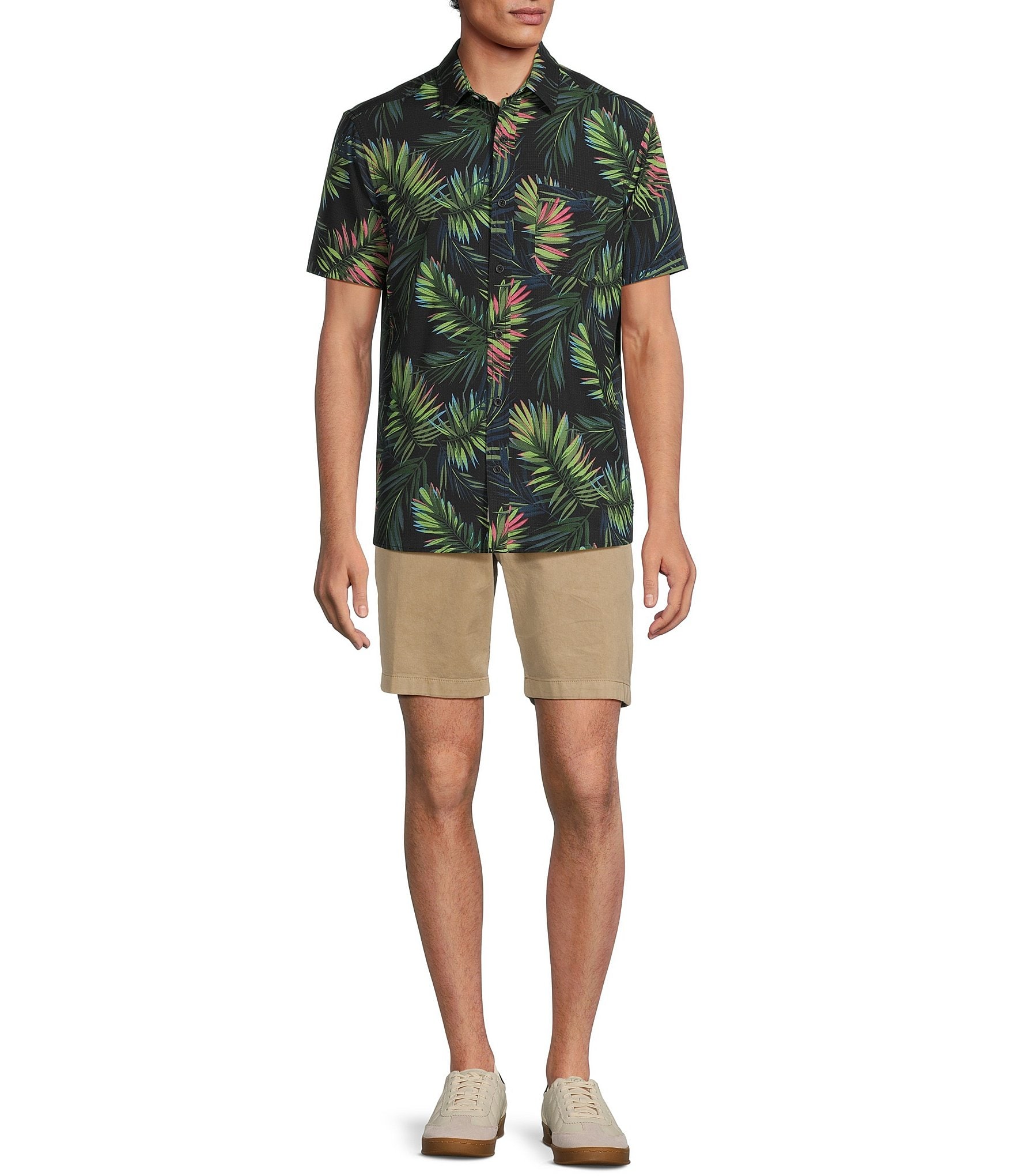 Rowm Short Sleeve Mesh Tropical Palm Print Shirt