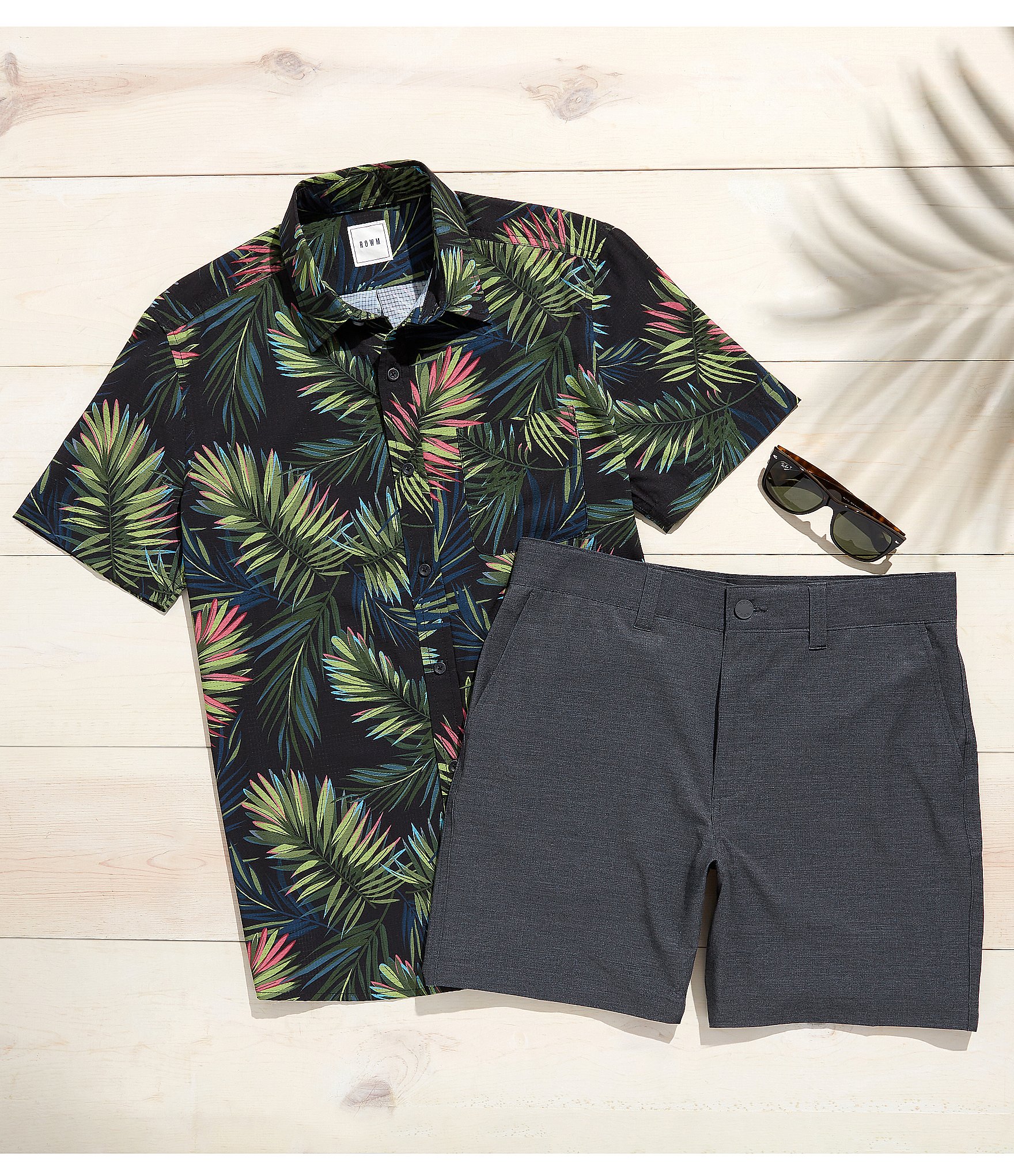 Rowm Short Sleeve Mesh Tropical Palm Print Shirt