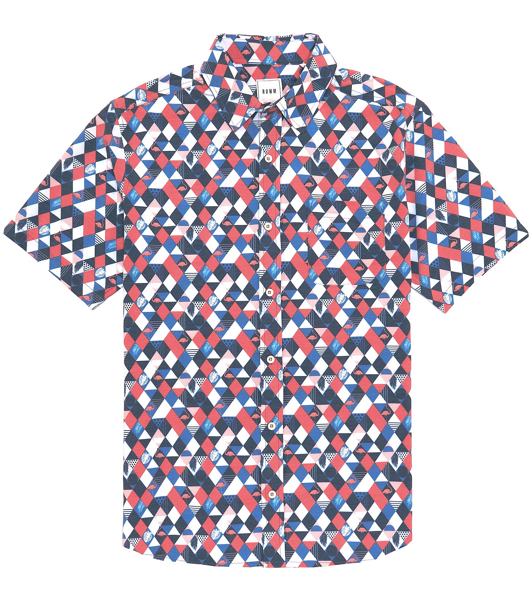 Rowm Short Sleeve Performance Geometric Flamingo Print Point Collar