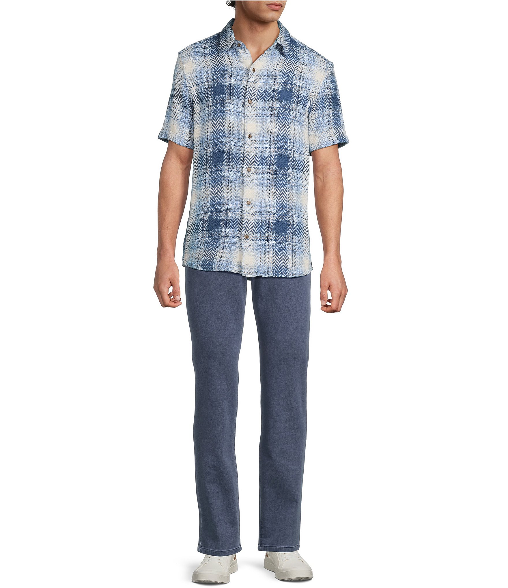 Rowm Short Sleeve Plaid Herringbone Button Front Shirt