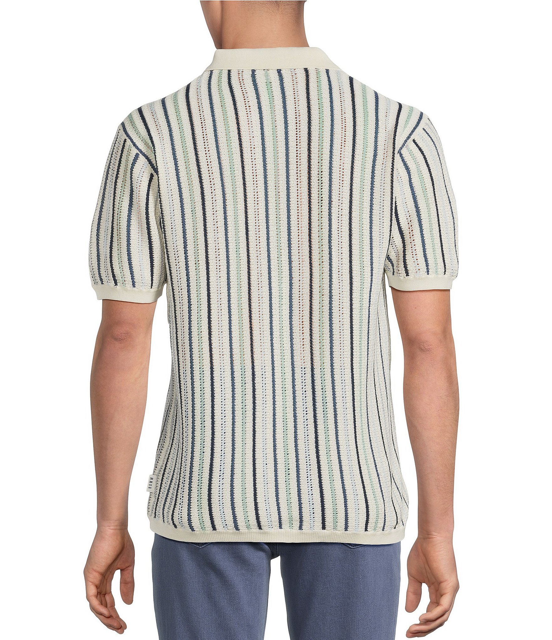 Rowm Short Sleeve Textured Stripe Sweater Button Front Shirt