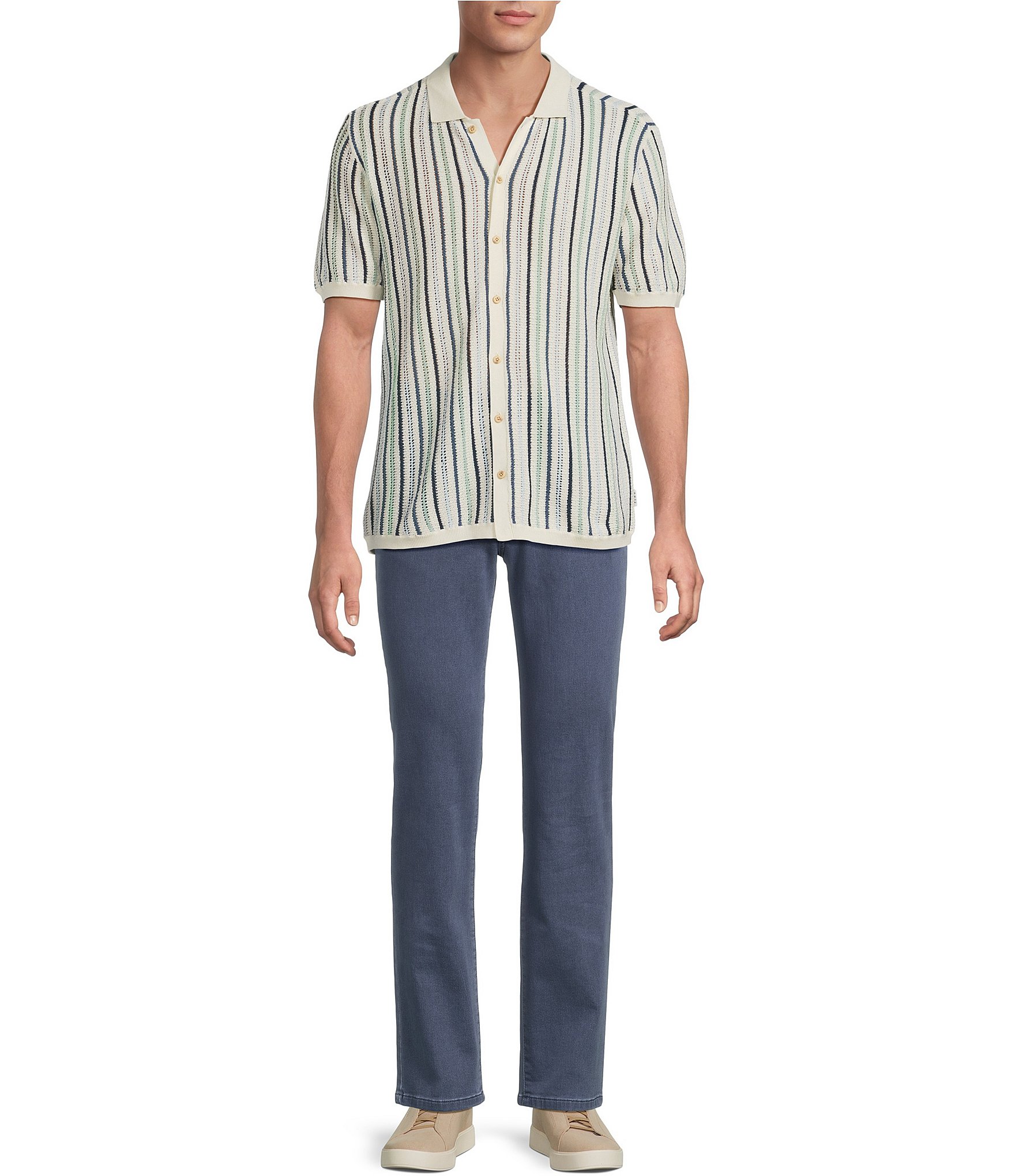 Rowm Short Sleeve Textured Stripe Sweater Button Front Shirt