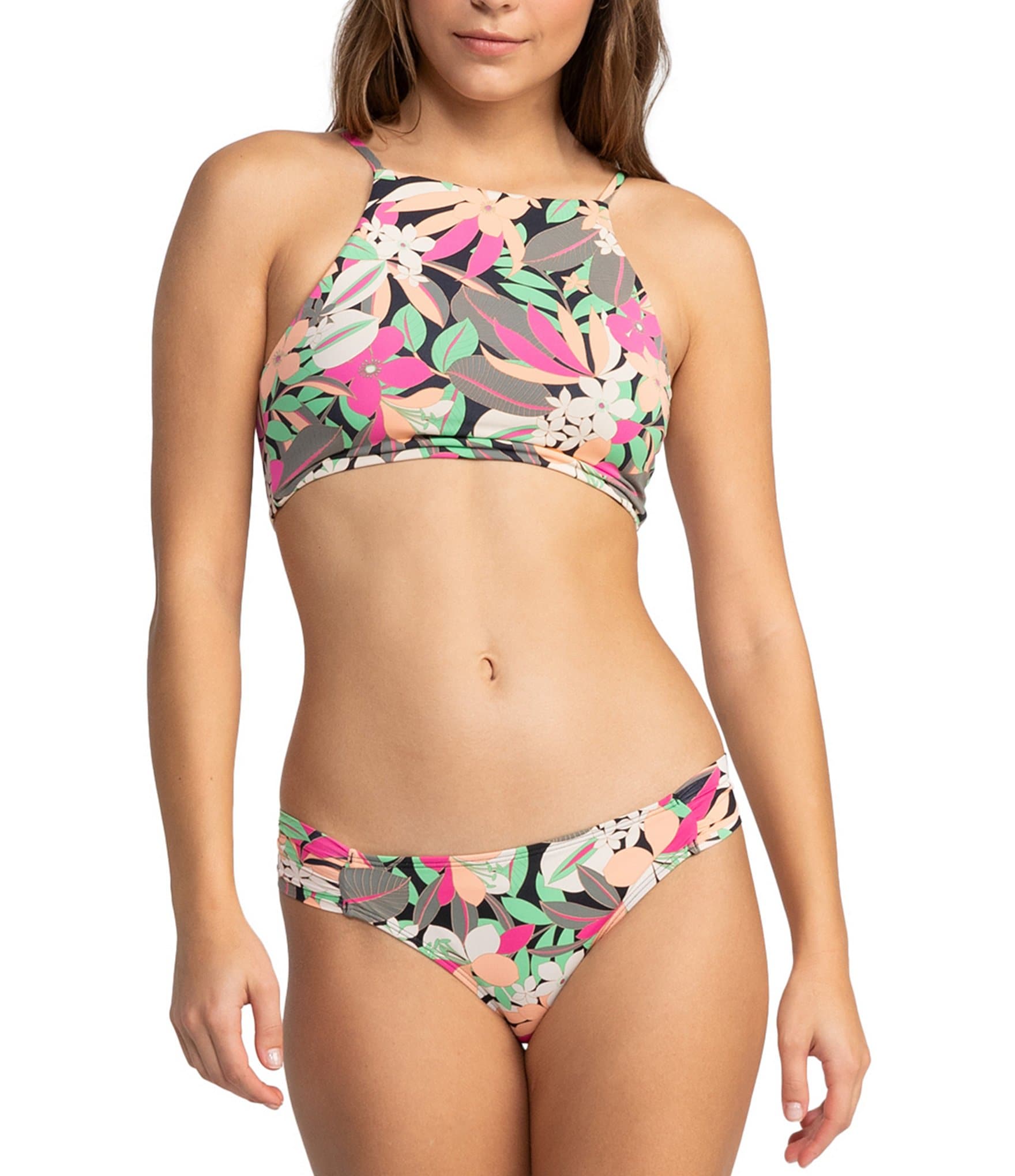 Roxy Beach Classics Floral Print High Neck Swim Top & Side Tie Hipster Swim  Bottom