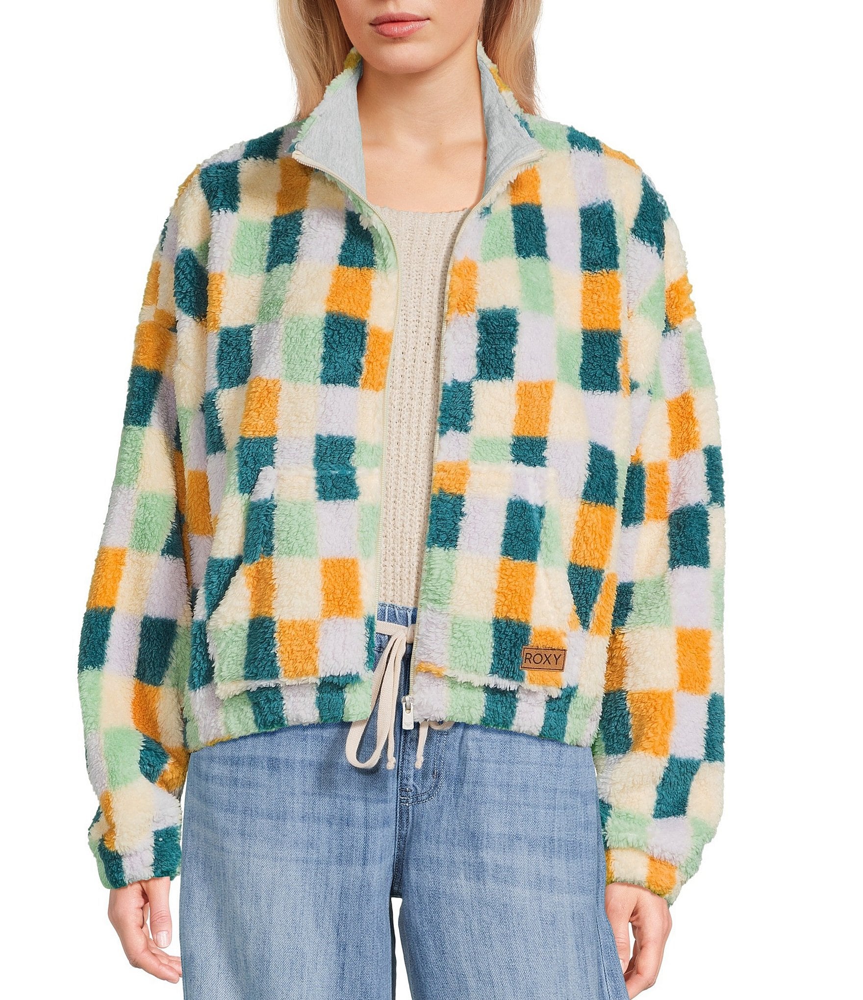 Roxy Cold Surf Bold Checkered Pattern Long Sleeve Sherpa Jacket