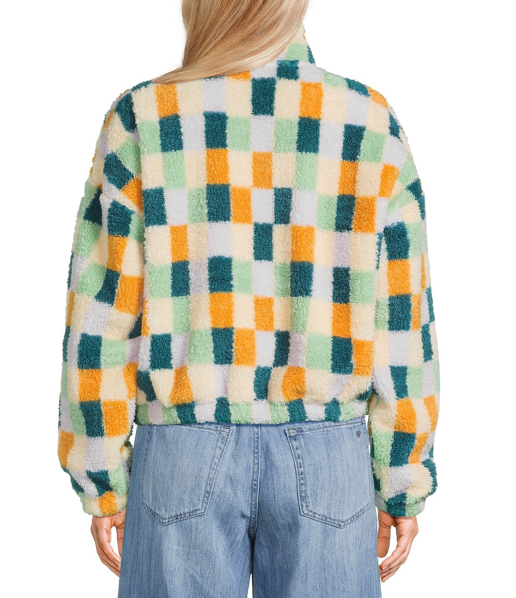 Roxy Cold Surf Bold Checkered Pattern Long Sleeve Sherpa Jacket