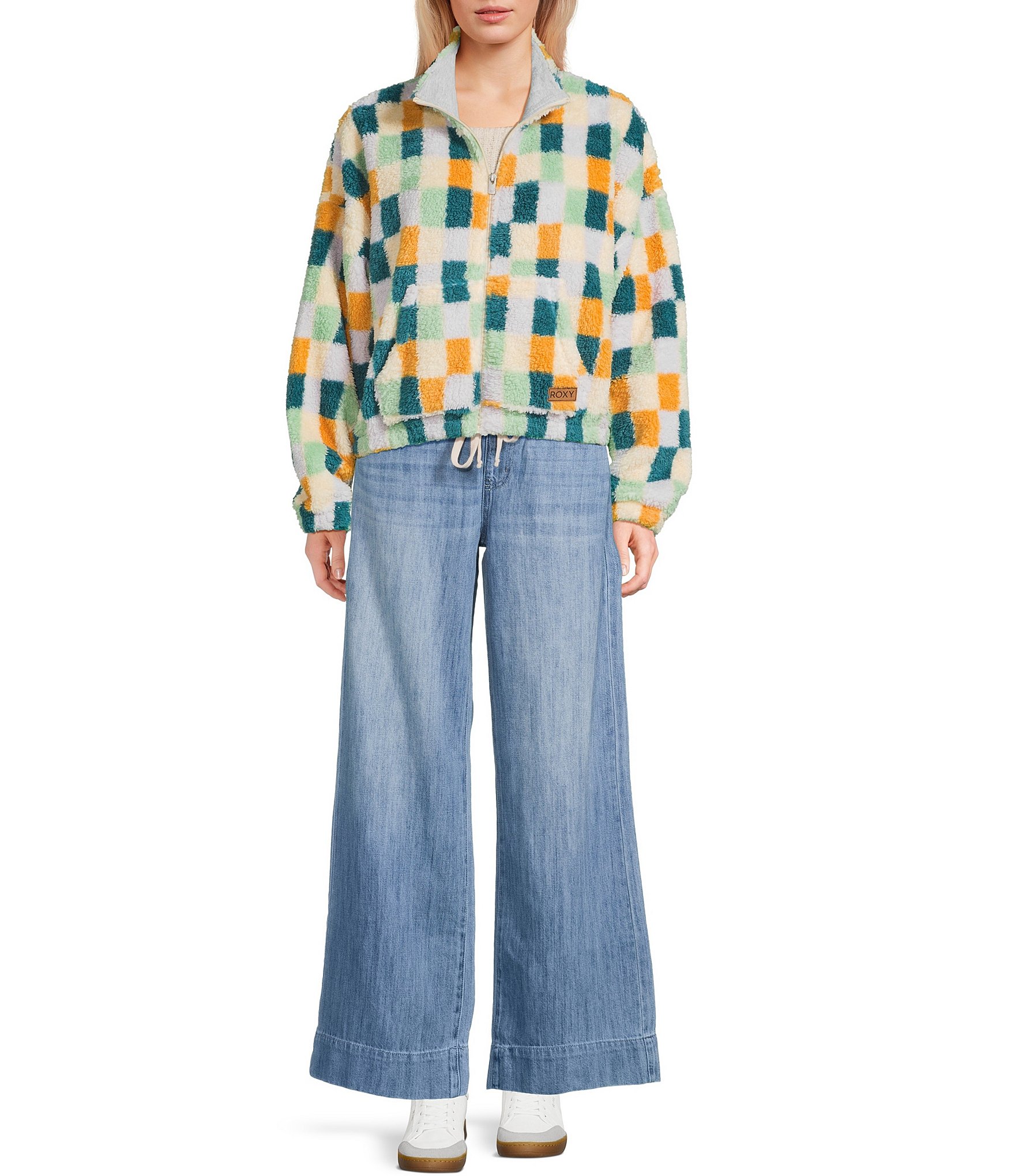 Roxy Cold Surf Bold Checkered Pattern Long Sleeve Sherpa Jacket