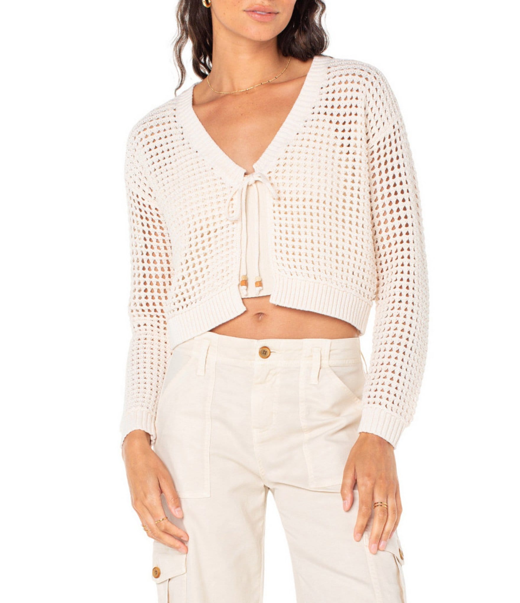 Roxy Ivy Long Sleeve Tie-Closure Flyaway-Front Crocheted Cropped Cardigan