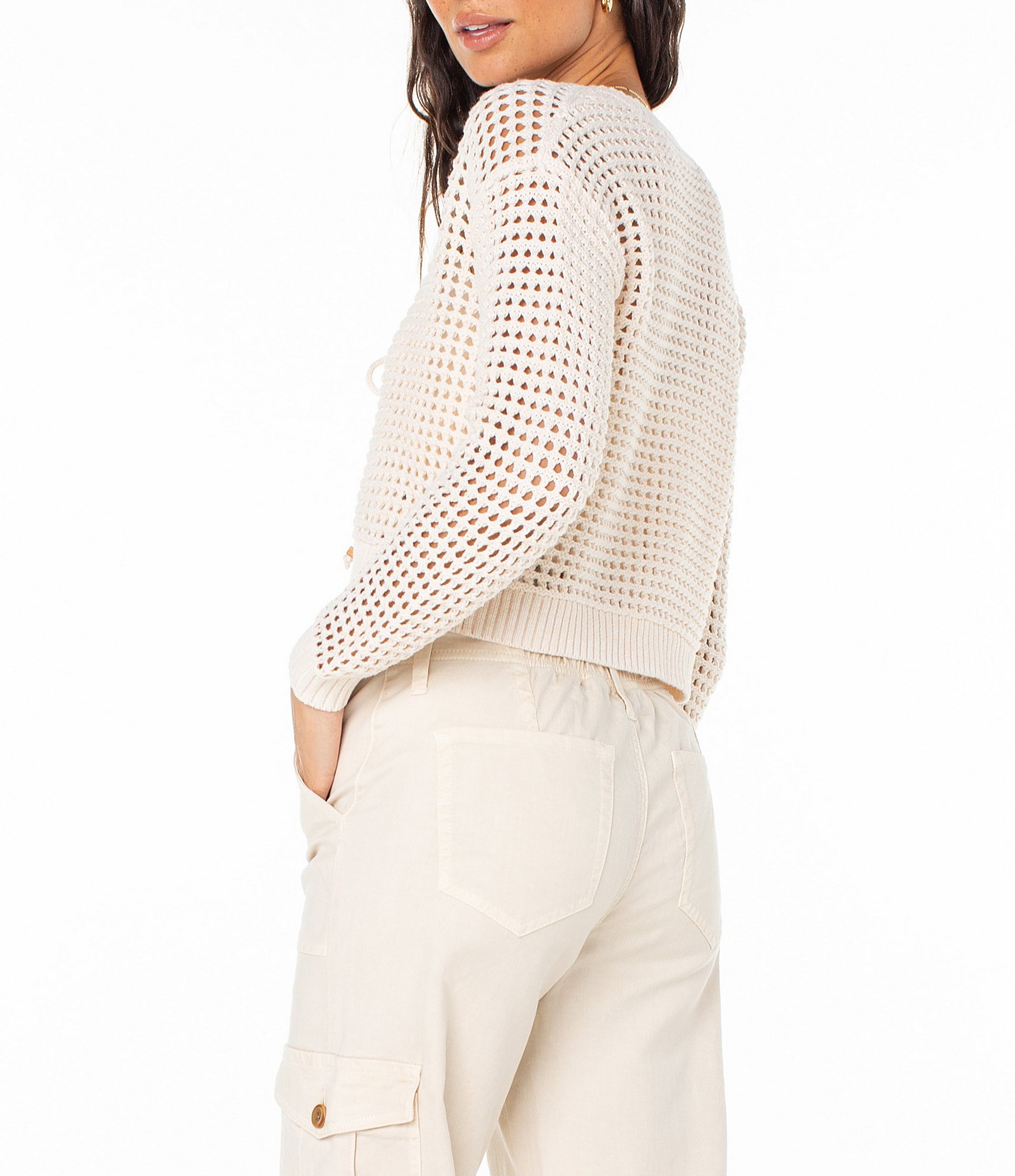 Roxy Ivy Long Sleeve Tie-Closure Flyaway-Front Crocheted Cropped Cardigan