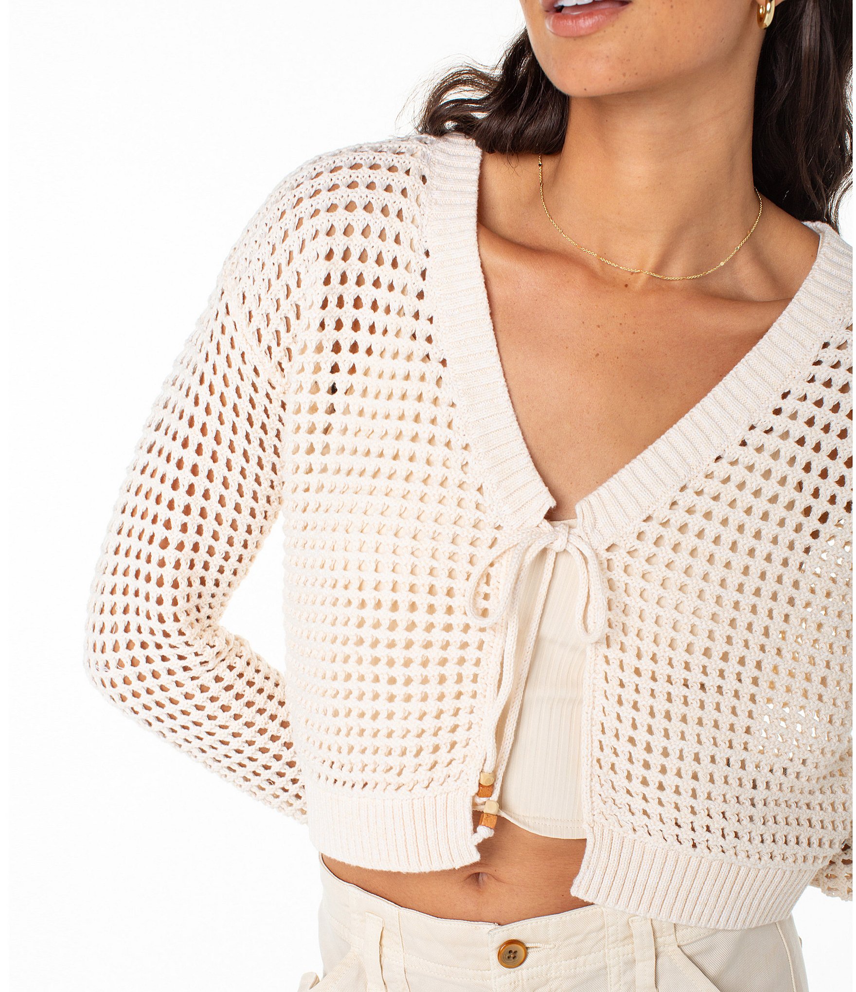 Roxy Ivy Long Sleeve Tie-Closure Flyaway-Front Crocheted Cropped Cardigan