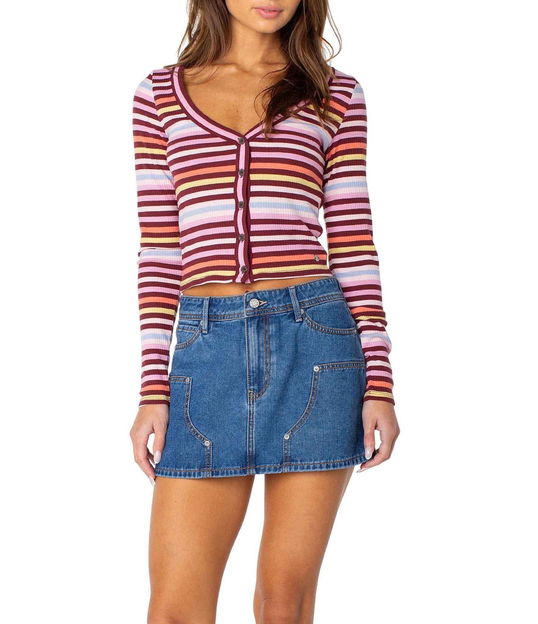 Roxy Long Sleeve Stripe Button Terrace Crop Top