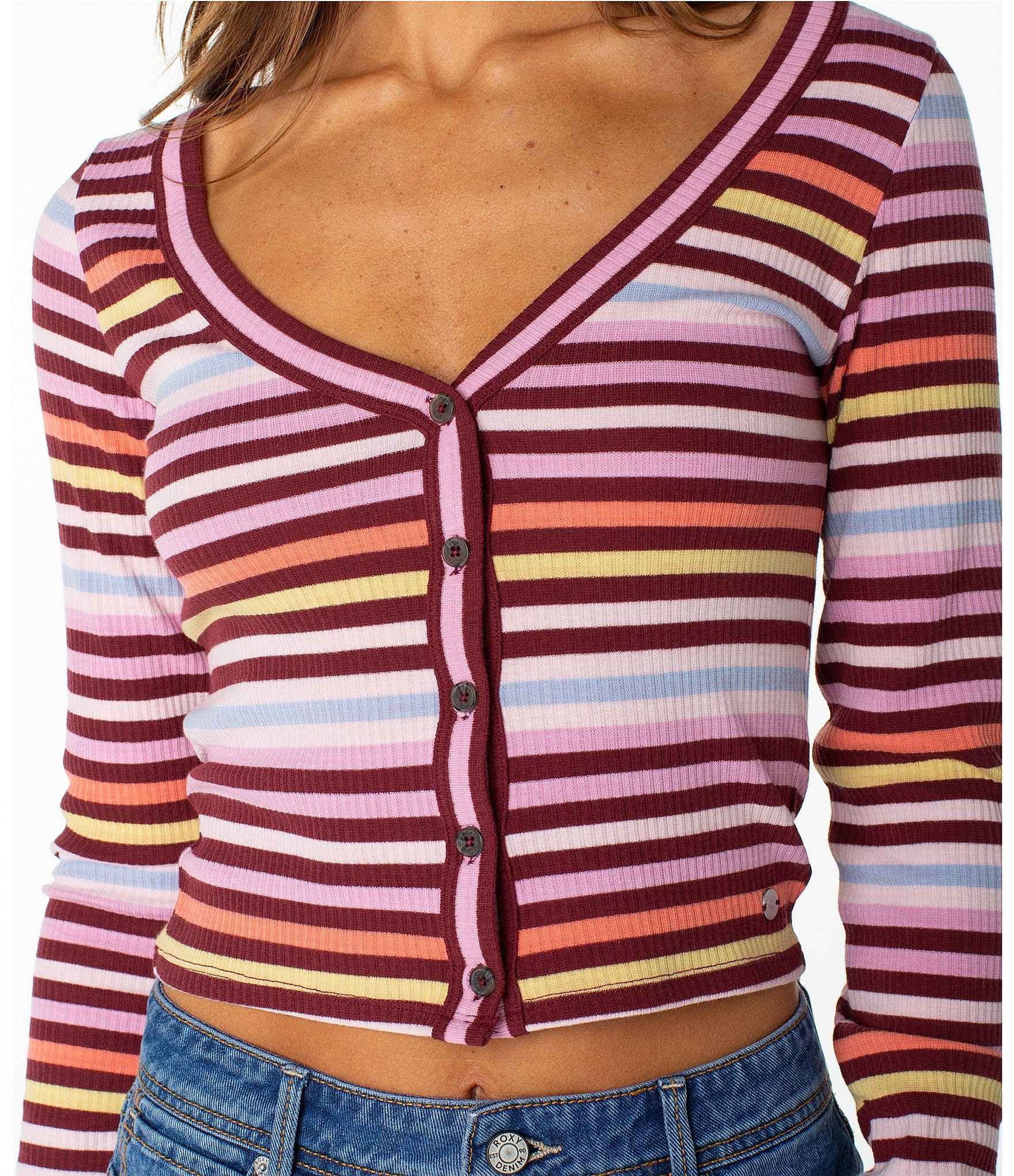 Roxy Long Sleeve Stripe Button Terrace Crop Top