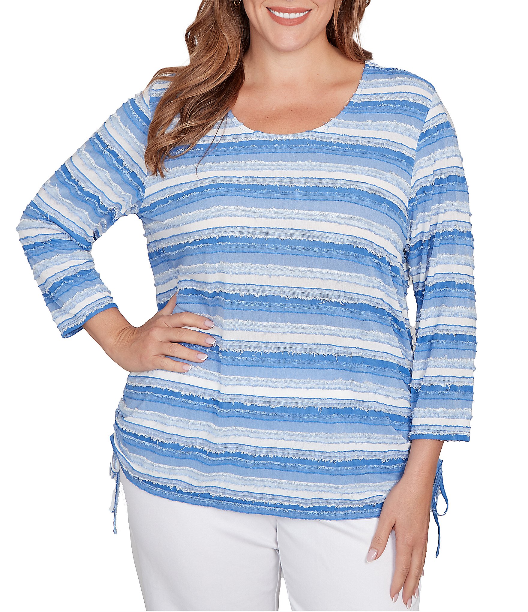 Ruby Rd. Plus Size Yarn-Dyed Eyelash Stripe Scoop Neck 3/4