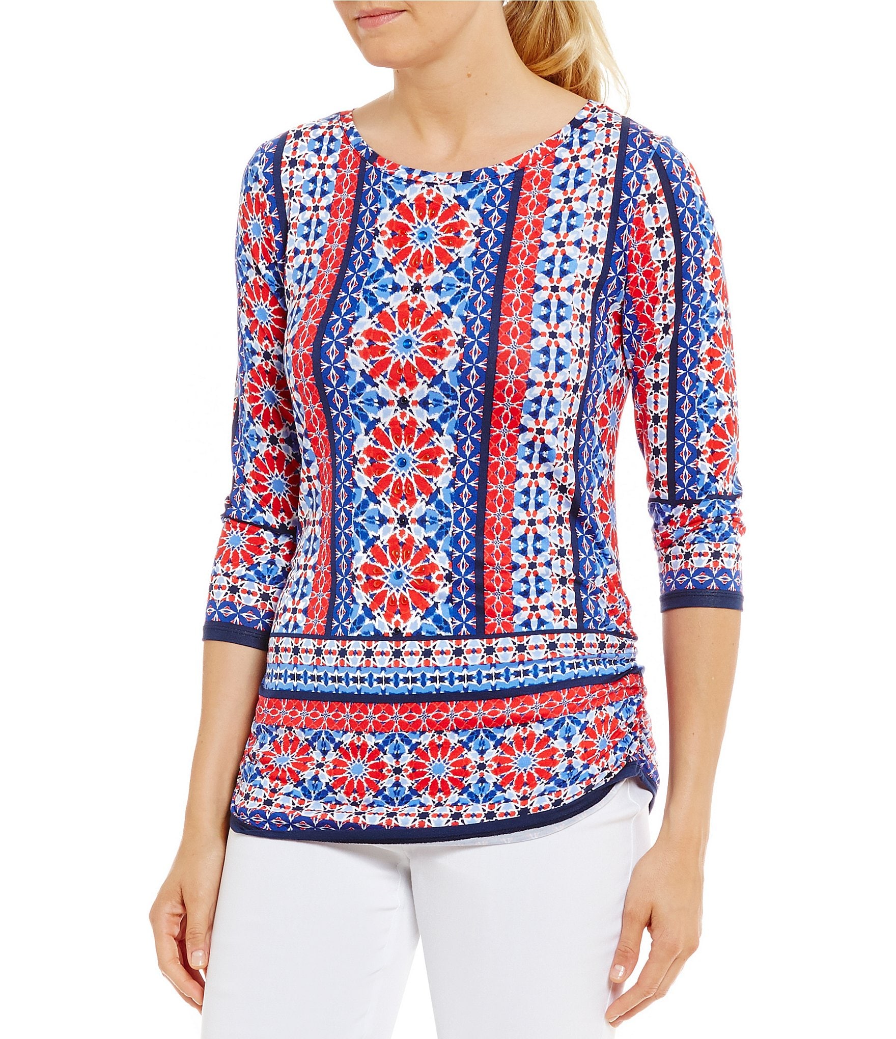 Ruby Rd. 3/4 Sleeve Embellished Moroccan Title Placement Print Knit Top ...