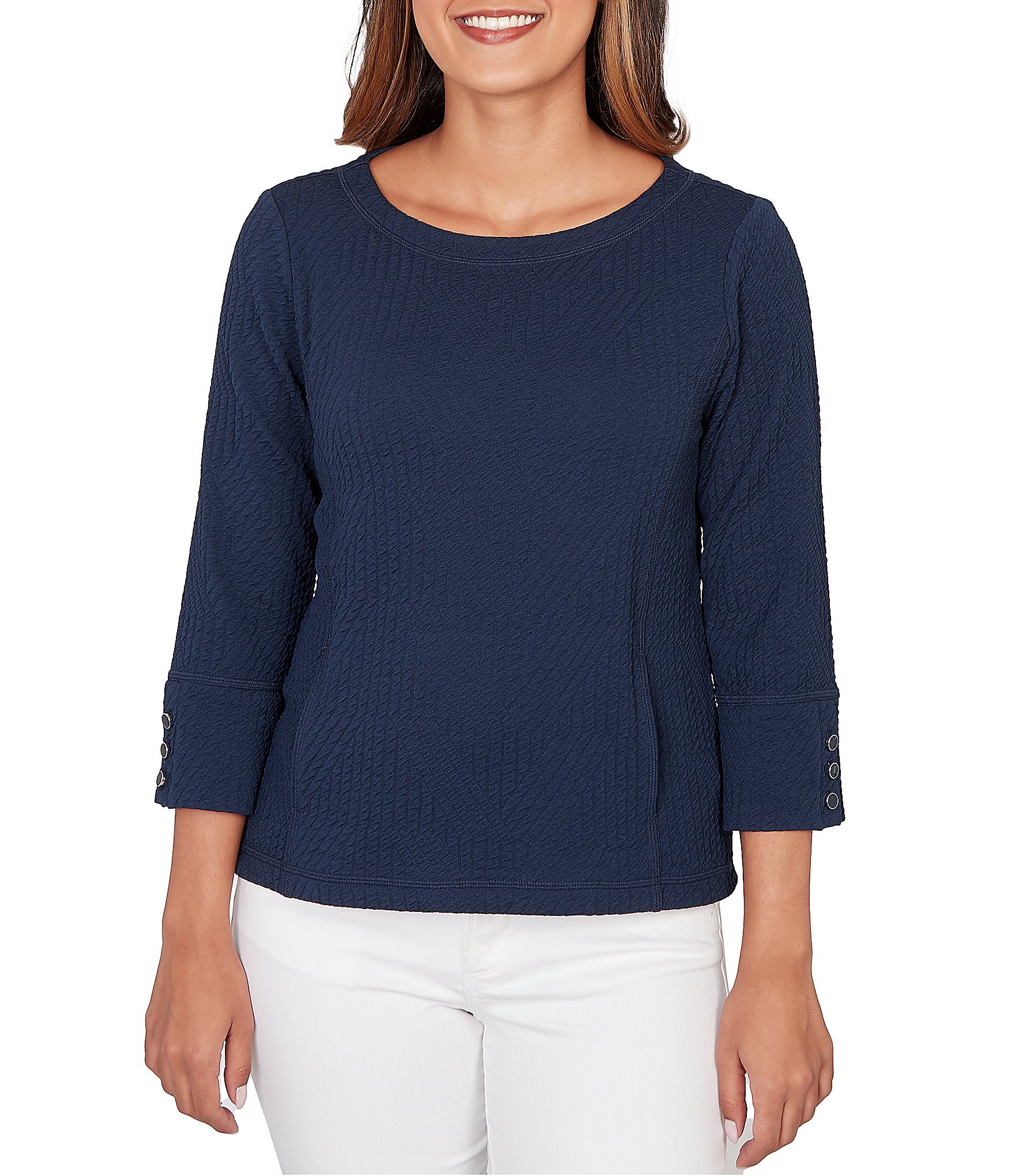 Ruby Rd. Abstract Textured Pucker Knit Scoop Neck 3/4 Sleeve Top