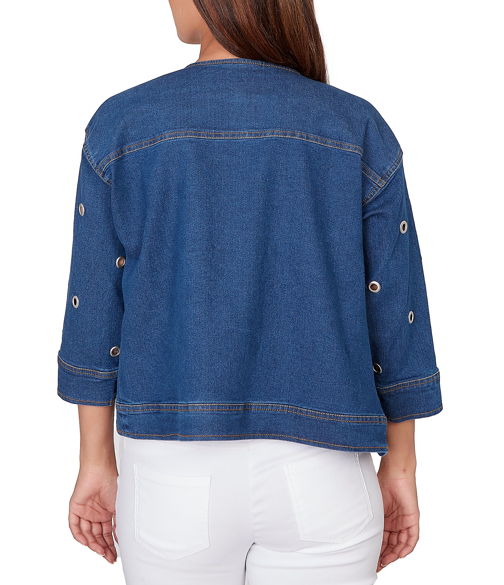 Ruby Rd. Allover Grommet Accents 3/4 Sleeve Extra Stretch Denim Jacket