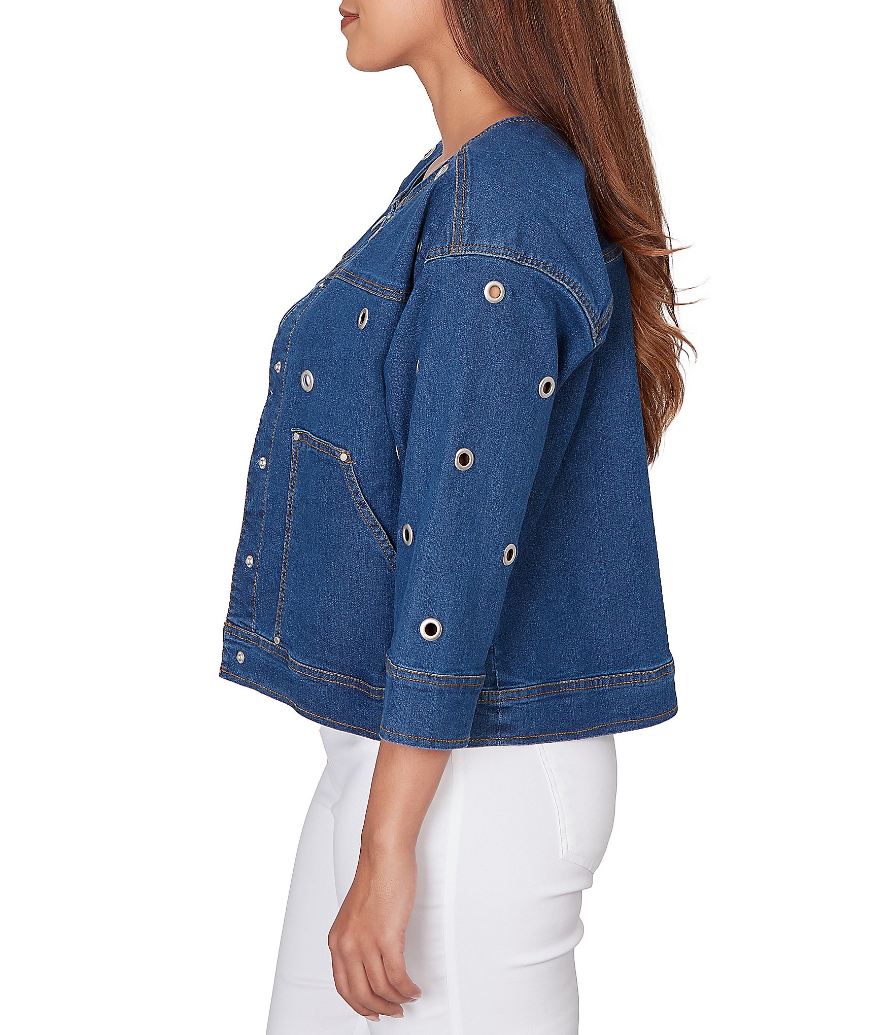 Ruby Rd. Allover Grommet Accents 3/4 Sleeve Extra Stretch Denim Jacket