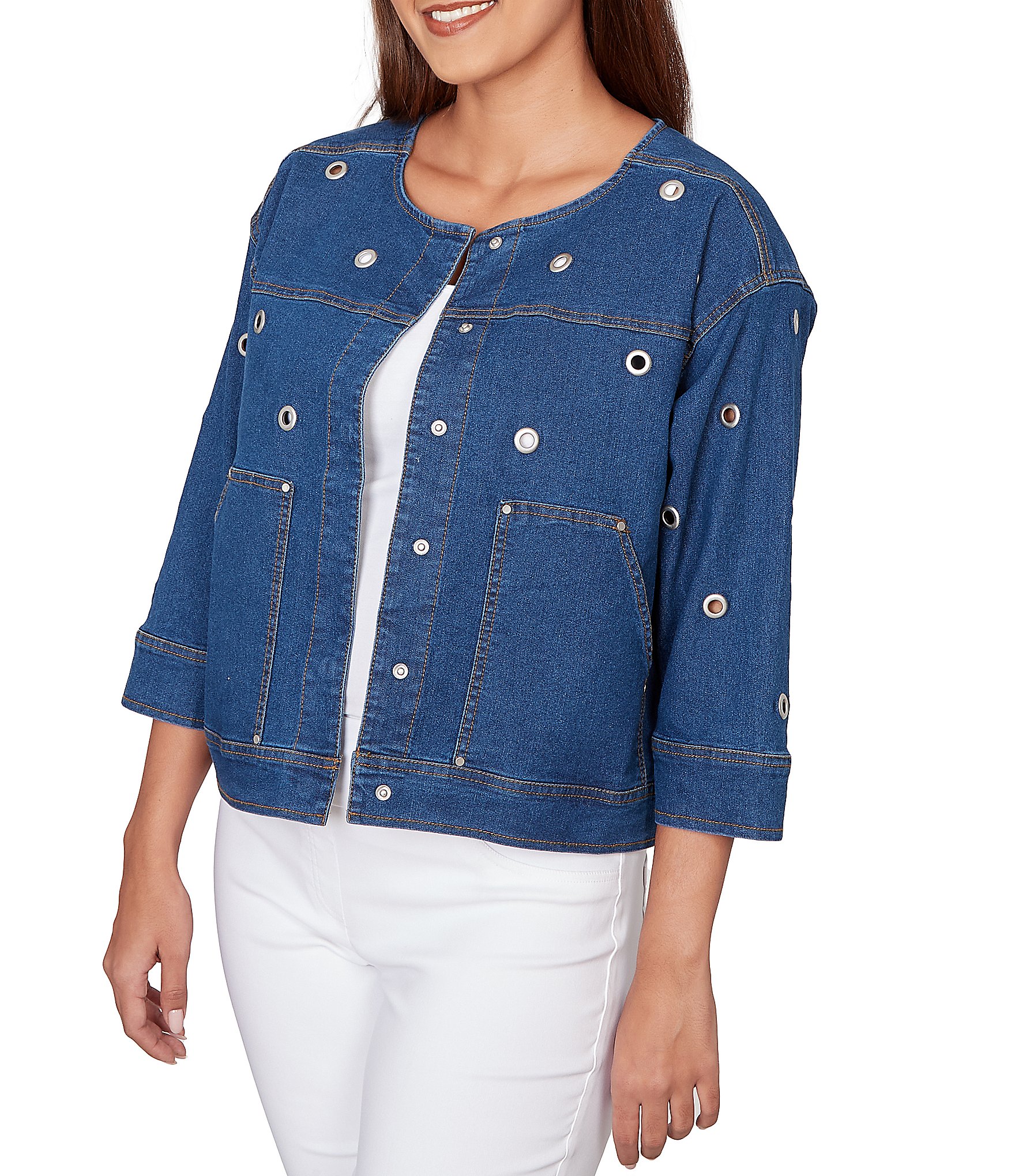 Ruby Rd. Allover Grommet Accents 3/4 Sleeve Extra Stretch Denim Jacket