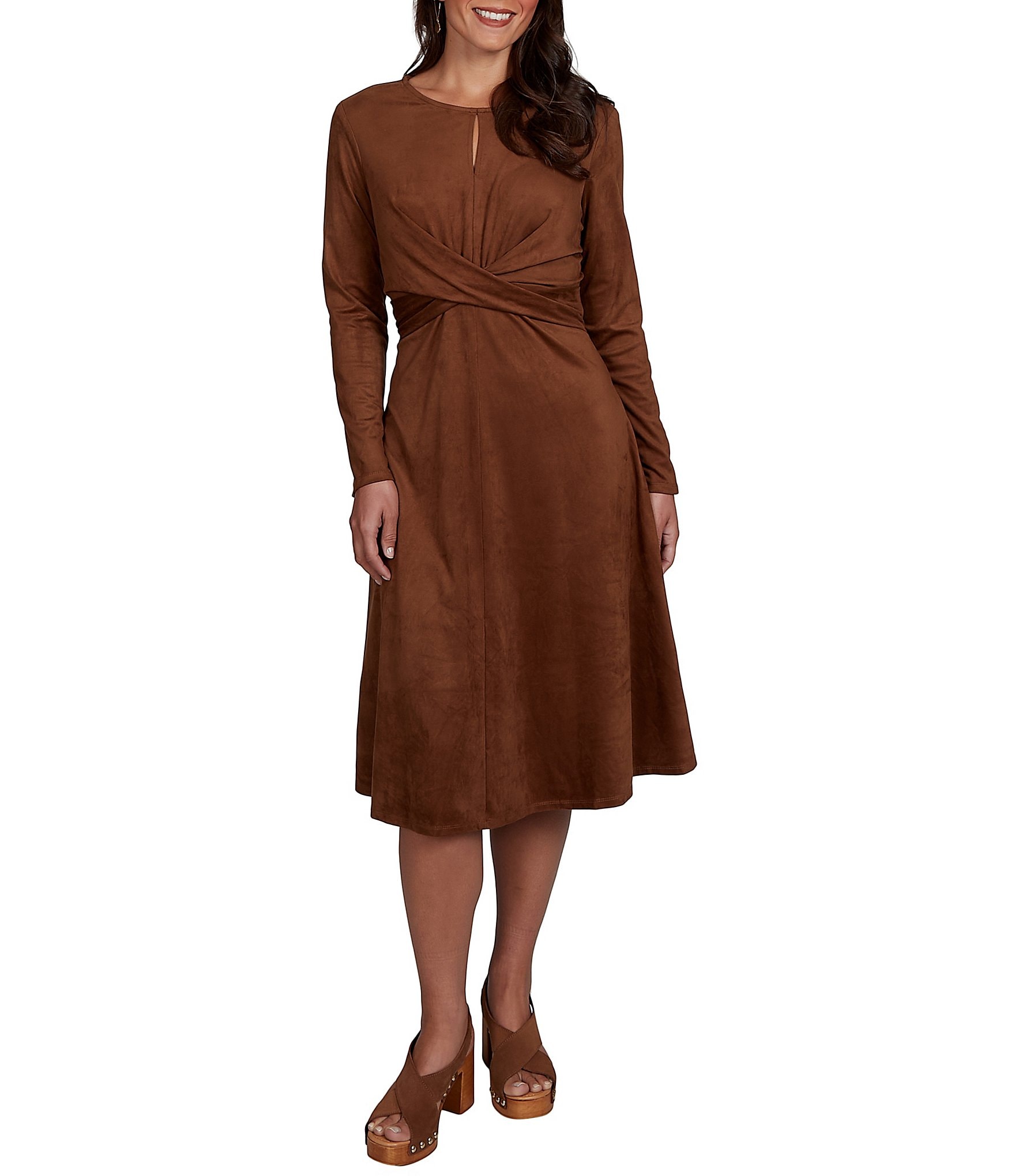 Ruby Rd. Ballet Faux Suede Keyhole Neckline Long Sleeve Gathered Twist Midi Dress