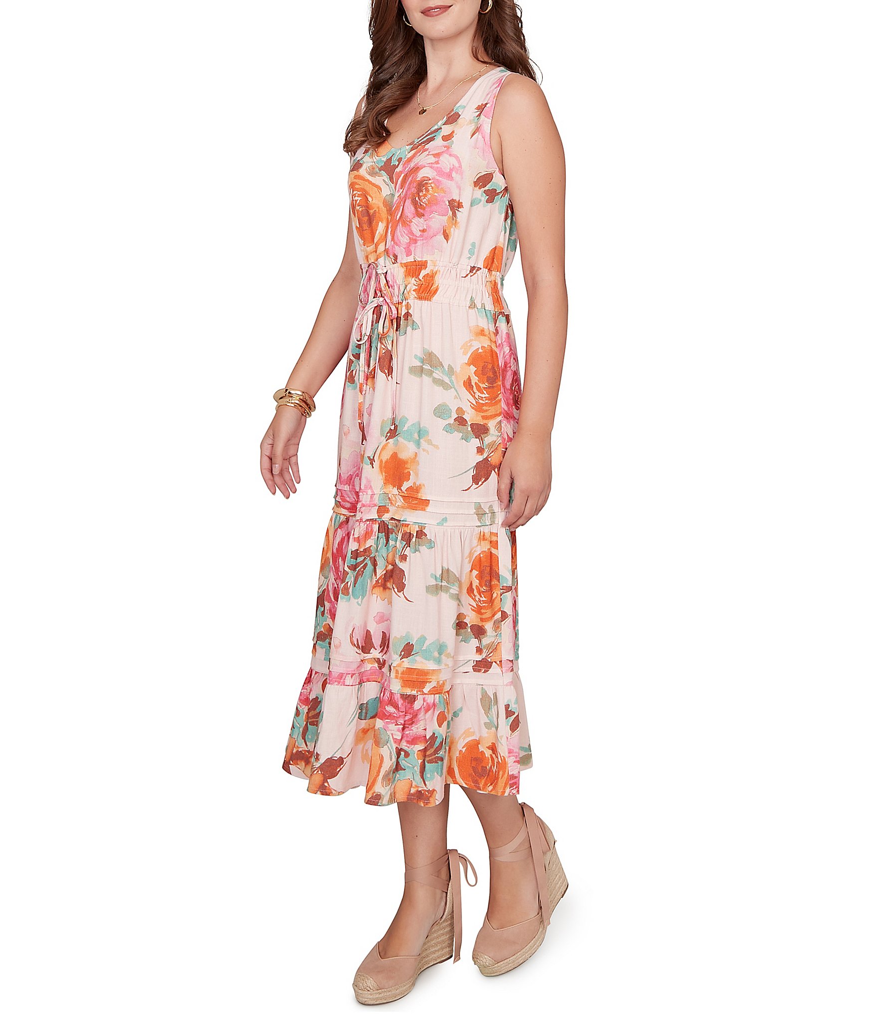 Ruby Rd. Bold Floral V-Neck Sleeveless Tiered A-Line Midi Pull-On Dress