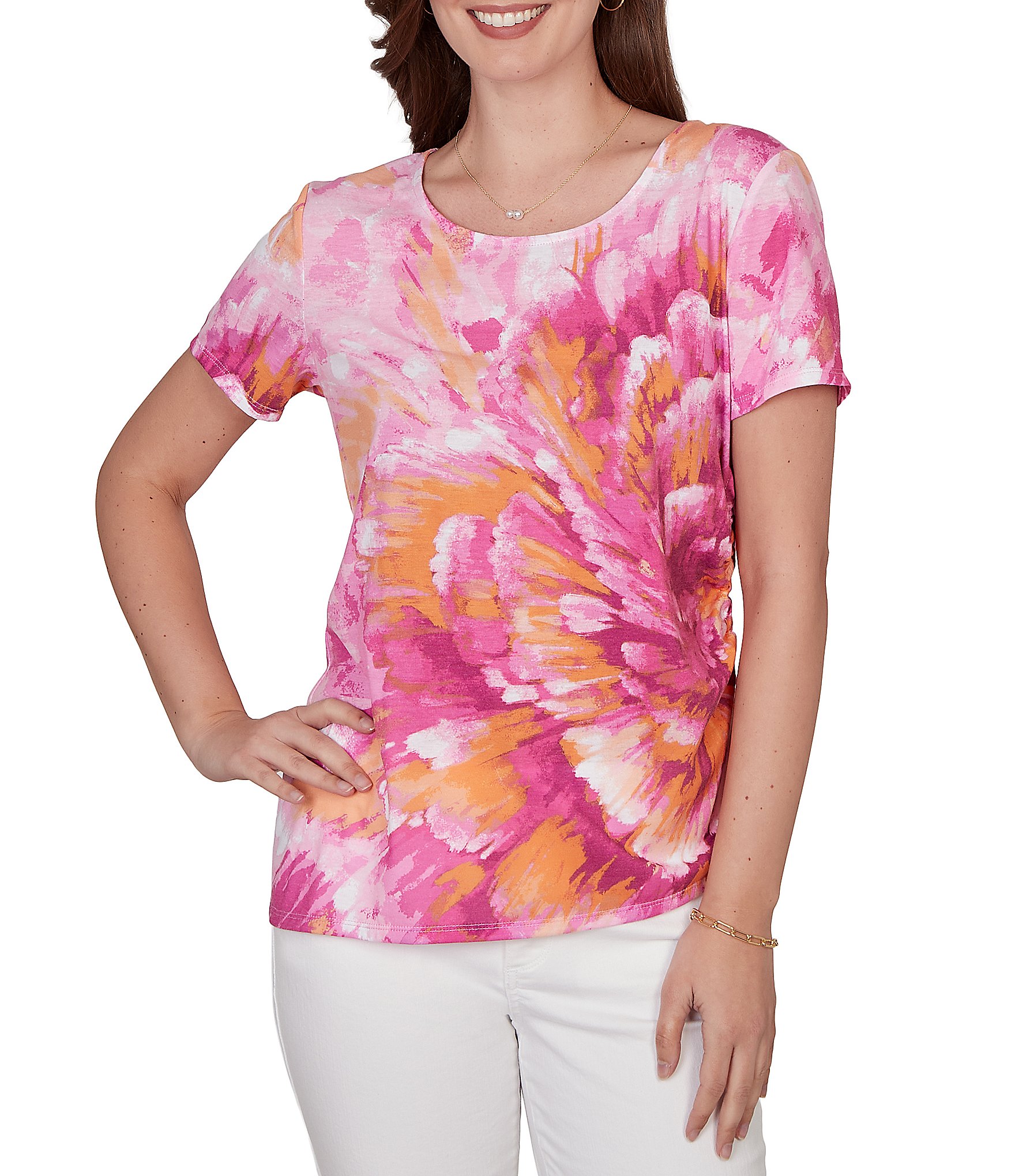 Ruby Rd. Bold Watercolor Floral Scoop Neck Short Sleeve Side Shirring Tee Top