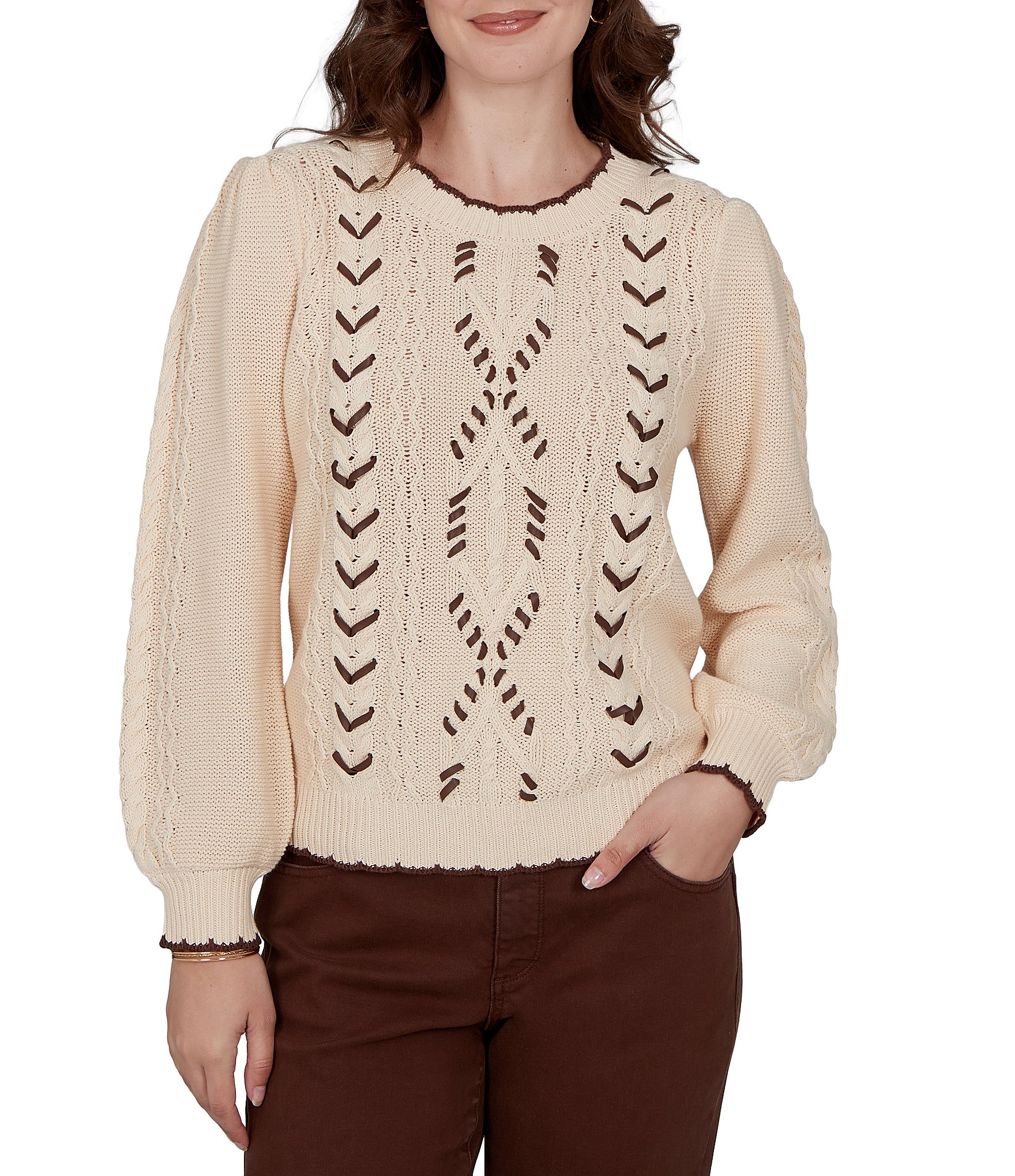 Ruby Rd. Cable Knit Faux Leather Trim Scoop Neck Long Sleeve Sweater