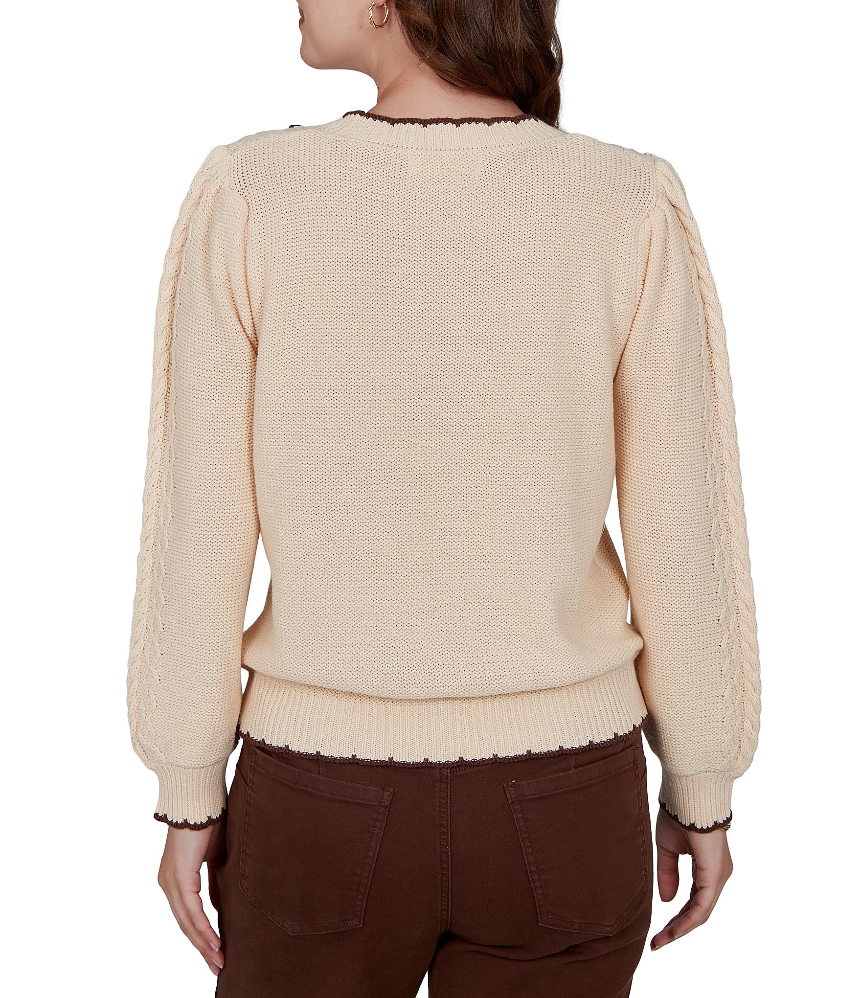 Ruby Rd. Cable Knit Faux Leather Trim Scoop Neck Long Sleeve Sweater
