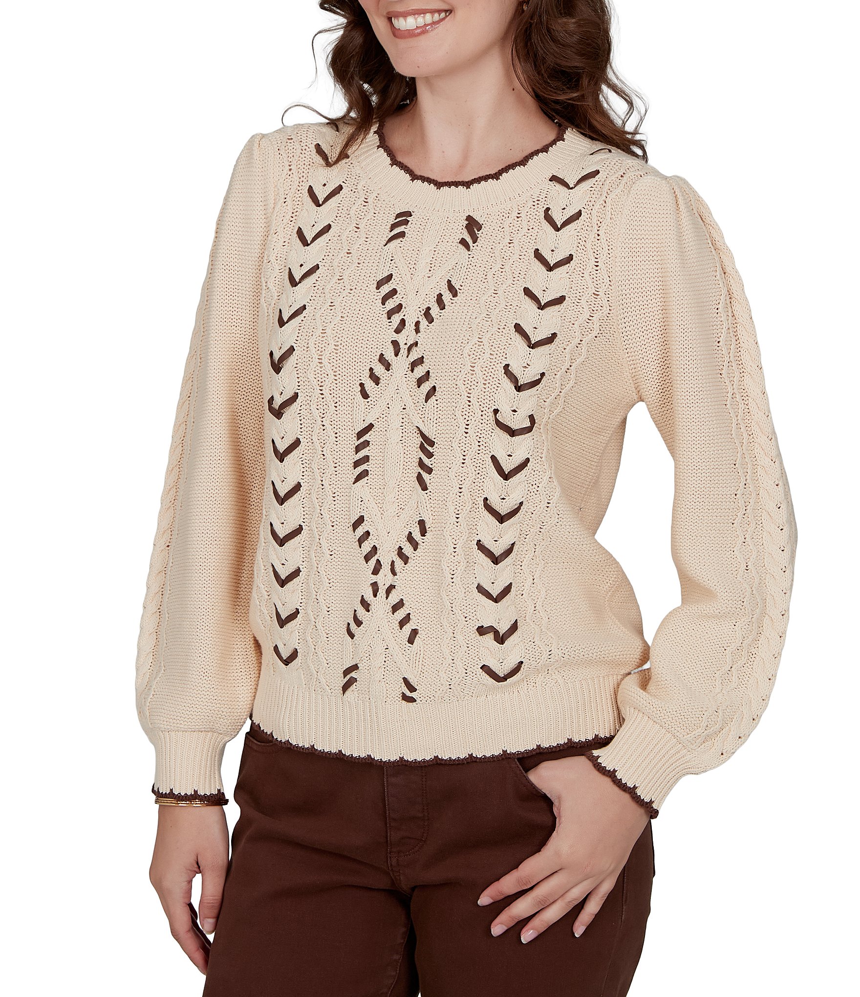 Ruby Rd. Cable Knit Faux Leather Trim Scoop Neck Long Sleeve Sweater